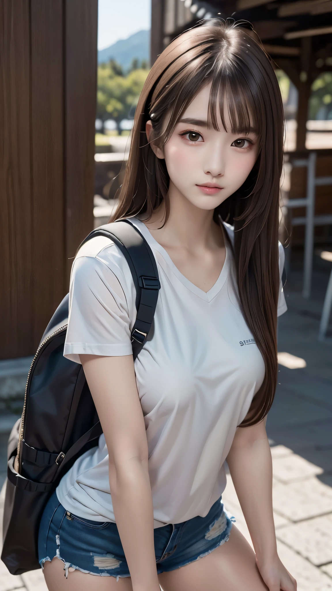 (Naturescape photography), (best quality), masterpiece:1.2, ultra high res, photorealistic:1.4, RAW photo, (Magnificent mountain, sea of clouds), (On a very high mountain peak), (sunset), (wideangle shot), (Show cleavage:0.8),
(1girl:1.3), (Photo from the knee up:1.3), (18 years old), (smile:0.9), (shiny skin), (semi-long hair, dark brown hair),
(Large white V-neck T-shirt, Trekking shorts), (Carrying a large backpack),
(ultra detailed face), (ultra Beautiful fece), (ultra detailed eyes), (ultra detailed nose), (ultra detailed mouth), (ultra detailed arms), (ultra detailed body), pan focus, looking at the audience