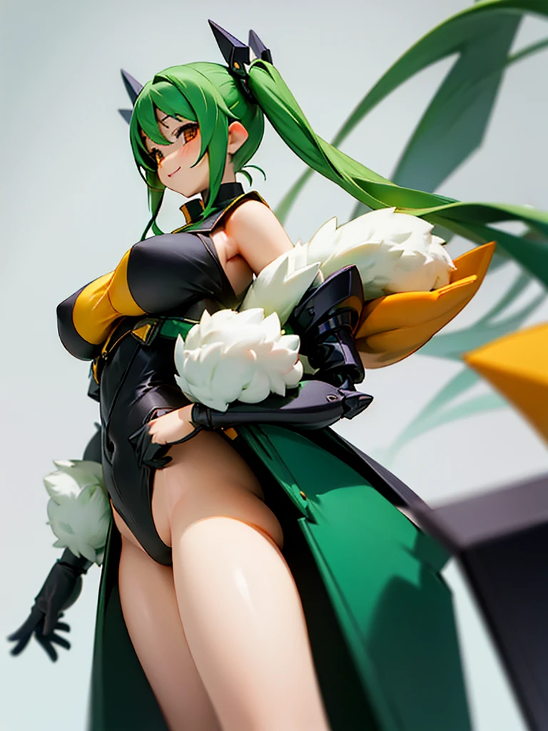 1girl, solo, , masterpiece, disproportionate breasts,chubby body ,gigantic breasts, sagging breasts, oppai, 13years, twintail hair, green hair, slanted eyes, orange eyes, gentle smile,