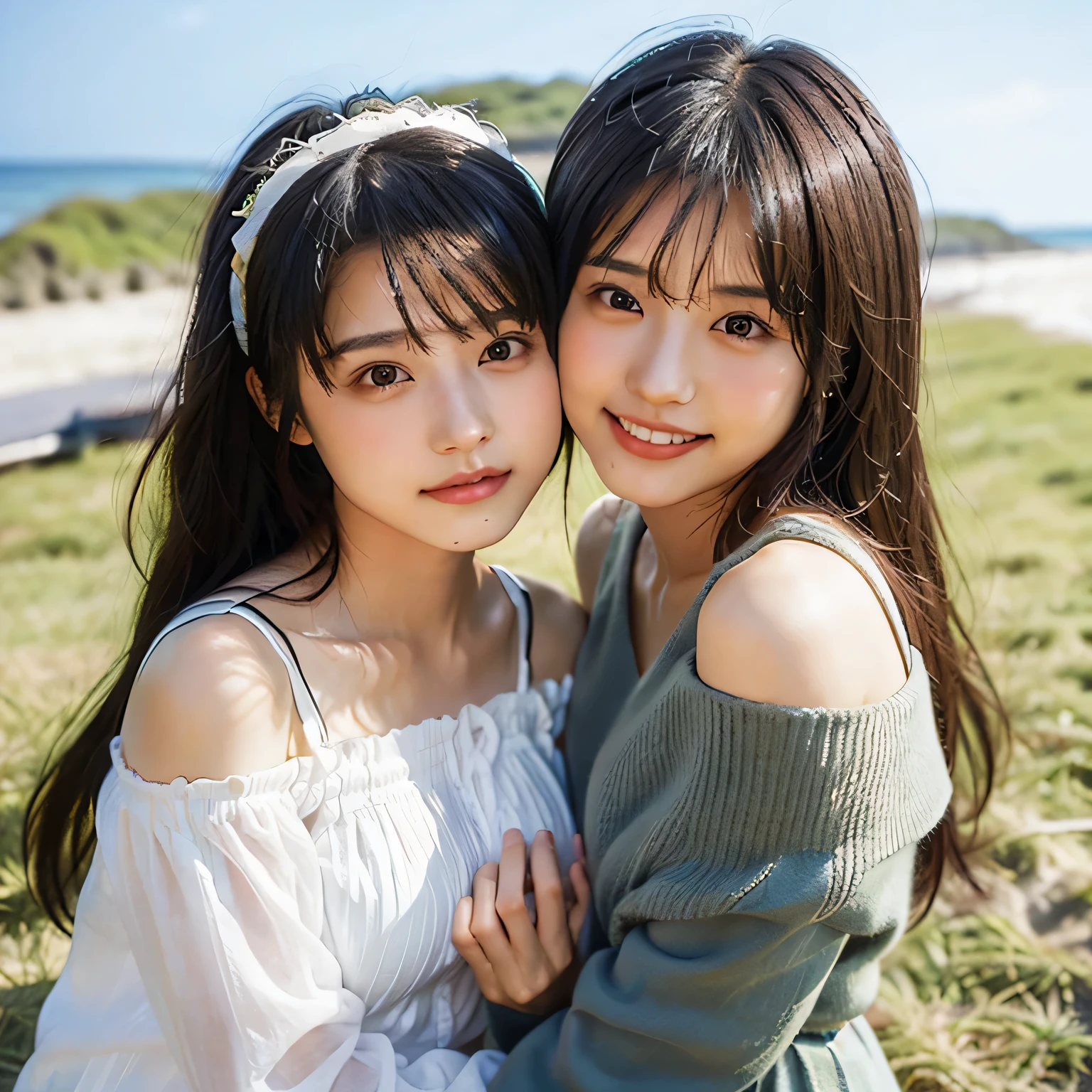 (8k、Raw photo、highest quality、masterpiece:1.2),(((Two Girls,duo,caress,At the Beach))),、Super detailed、Super Resolution、(Ultra-realistic:1.4)、（Blowing a kiss as a camera）From the above、Camera shot from above、Shooting from a top camera angle、I look at this with my eyes、Arms stretched out、spread both arms wide、Use high-quality images taken from the sky with a camera、(Girl on the Beach 1 5 digits:1.3)、、Offshore Girls（Dreamy lighting）Head to waist、、White skin、color proofreading for white woman、Ultra HD、、Beautiful woman proofreading against the light、Amazing details、Highly detailed beautiful girls、(Various patterns of faces 1:1.2)、(Various facial expressions of emotion 1:1.3)、Each hairstyle has its own characteristics、color々Hairstyle、color々The hair color shines with a beautiful luster.、I love fishing on a boat.、Shiny brown hair、One of them has a ponytail、、Modern and cute girl、Highly detailed face、Highly detailed eyes、Extremely realistic skin、 Highly detailed fingers, Highly detailed nose, Highly detailed mouth, Perfect Anatomy, (Off-the-shoulder Lolita outfit 1:1.2)、、Sparkling hair details、Smile with hot teeth、Realistic body, White skin, Glowing Skin, The body is slim, Straight long hair, (Blunt bangs:1.2), , nixeu and sakimichan, 2 times, seifuku, sakimichan, Promotional Steel, Larisa Manovar, Alena Aenami and Lilia Alvarado