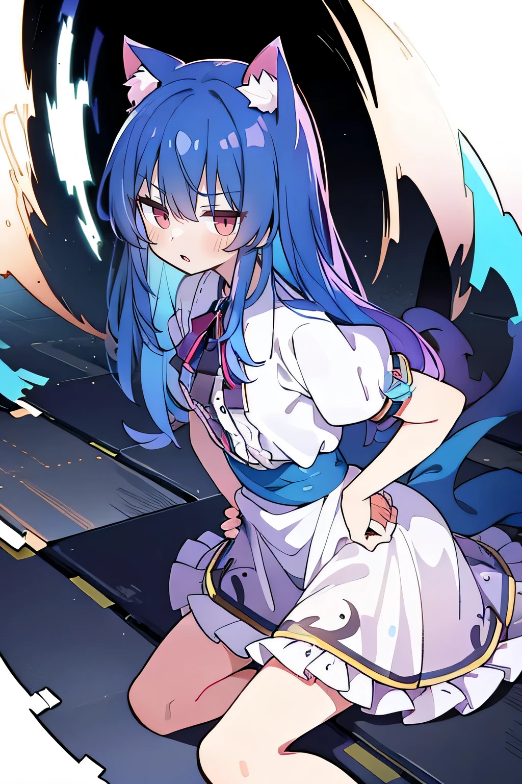 (Masterpiece), best quality, expressive eyes, perfect face, 1girl,
Put your hands on your waist, fair, gorgeous, Japanese comics, girl, Lola, young angel, blue hair, blue hair, flowing clothes, hug the waist, hug the waist, hands on hips, hands on hips, lay down , lying on the ground, legs on the ground, flat chest, cat ears