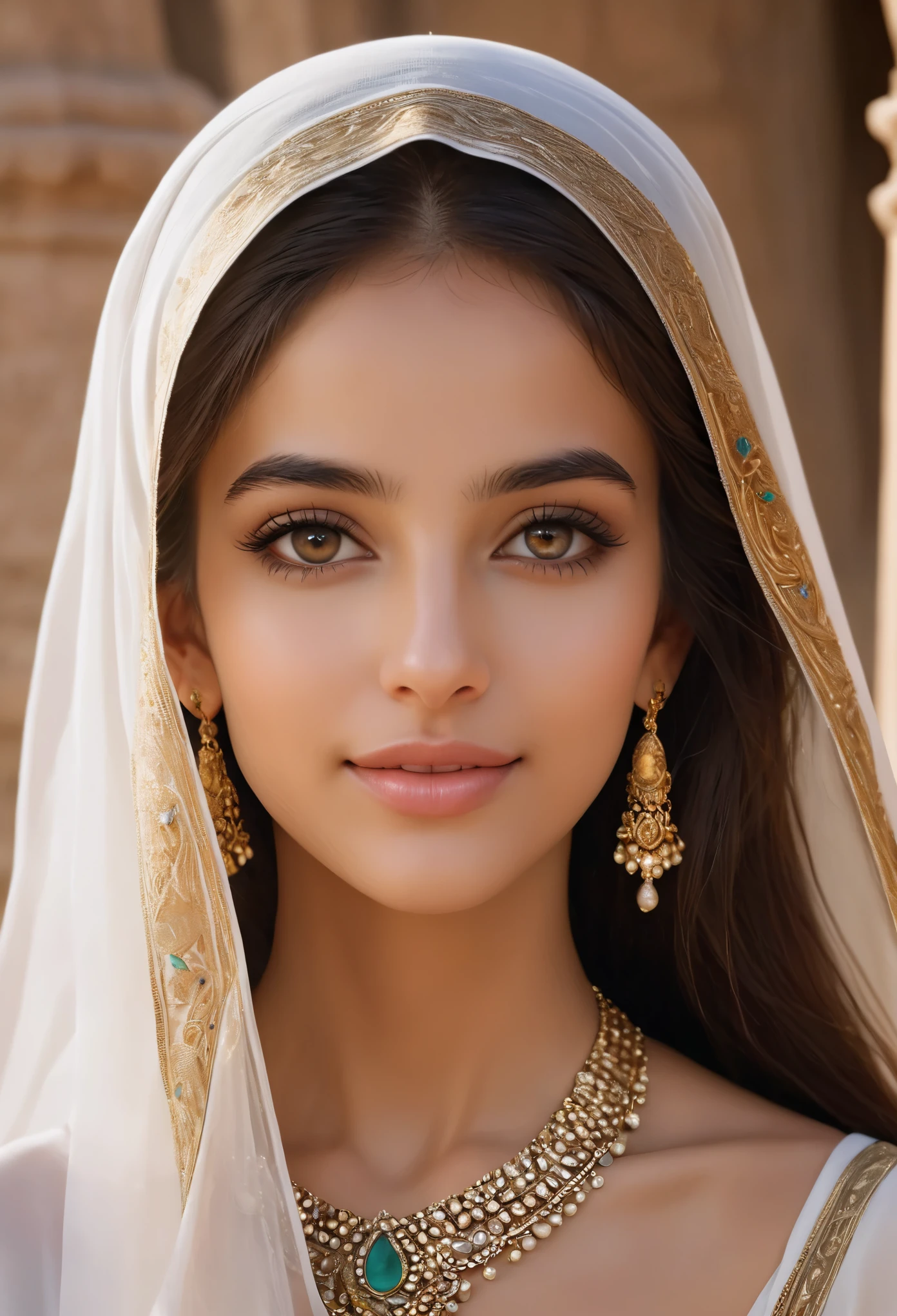 (ultra-detailed,photorealistic:1.37),(best quality,4k,8k,highres,masterpiece:1.2), This -yeld Sa Arabian girl is a vision of ethereal beauty, captivating all who gaze upon her. Her long, flowing jet-black hair cascades down her shoulders like a shimmering waterfall, framing her delicate features with an air of mystery and allure. Her eyes, deep pools of darkness, hold a universe of secrets within them, twinkling with the wisdom of ages beyond her years.

Her skin, kissed by the desert sun, glows with a radiant warmth, reminiscent of the golden sands of her homeland. Each delicate curve of her face is sculpted with perfection, her high cheekbones catching the light in a breathtaking display of elegance.

As she smiles, it's as if the whole world lights up around her, her laughter echoing like music in the wind. Her attire, adorned with intricate patterns and delicate fabrics, drapes her slender frame like a work of art, enhancing rather than overshadowing her natural beauty.

In her presence, time seems to stand still, as if she's stepped out of a fairy tale and into reality, a true embodiment of grace and charm. This 16-year-o SaArabigirl is not just beautiful; she's a living, breathing masterpiece, a testament to the boundless wonders of the human form.