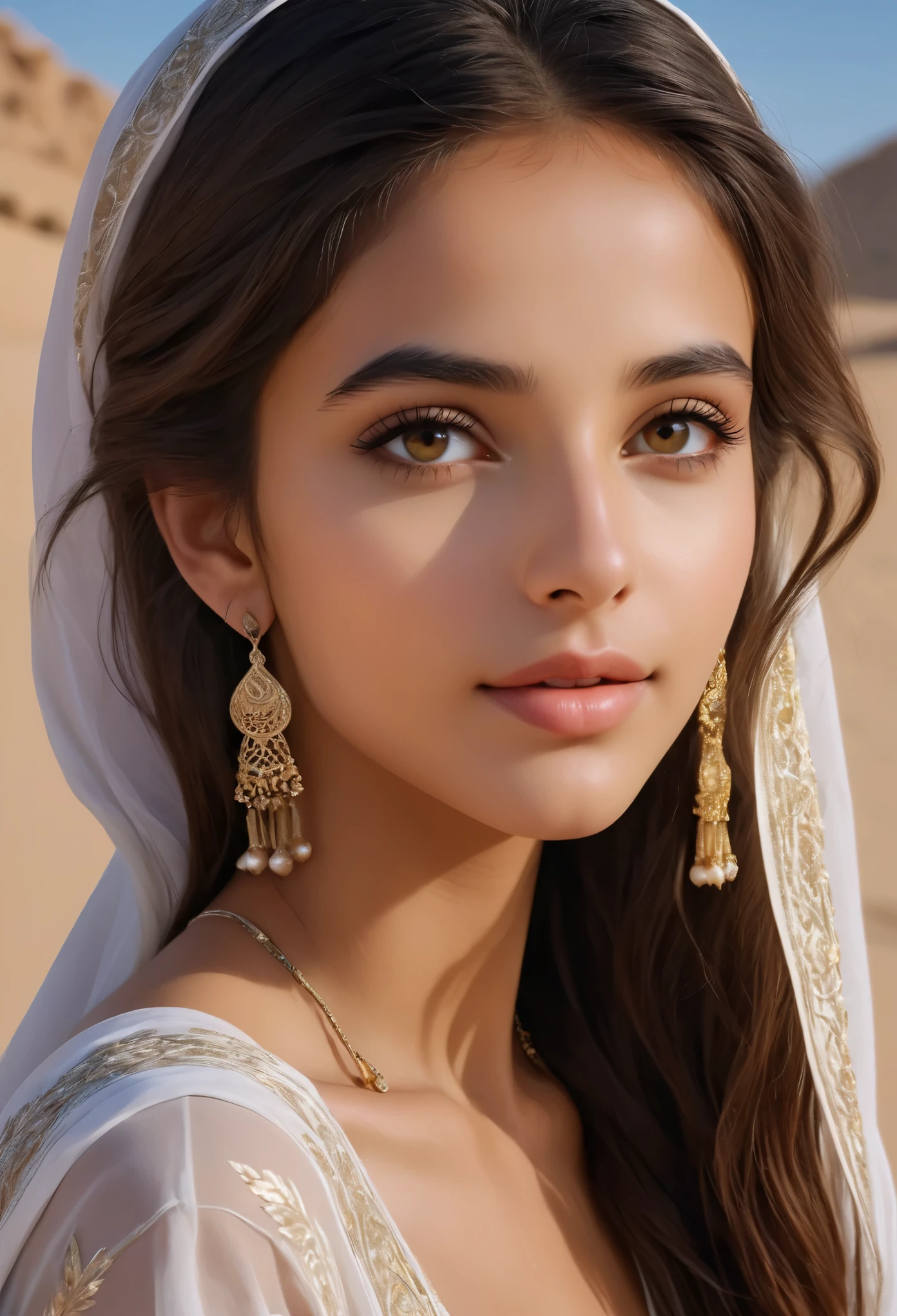 (ultra-detailed,photorealistic:1.37),(best quality,4k,8k,highres,masterpiece:1.2), This -yeld Sa Arabian girl is a vision of ethereal beauty, captivating all who gaze upon her. Her long, flowing jet-black hair cascades down her shoulders like a shimmering waterfall, framing her delicate features with an air of mystery and allure. Her eyes, deep pools of darkness, hold a universe of secrets within them, twinkling with the wisdom of ages beyond her years.

Her skin, kissed by the desert sun, glows with a radiant warmth, reminiscent of the golden sands of her homeland. Each delicate curve of her face is sculpted with perfection, her high cheekbones catching the light in a breathtaking display of elegance.

As she smiles, it's as if the whole world lights up around her, her laughter echoing like music in the wind. Her attire, adorned with intricate patterns and delicate fabrics, drapes her slender frame like a work of art, enhancing rather than overshadowing her natural beauty.

In her presence, time seems to stand still, as if she's stepped out of a fairy tale and into reality, a true embodiment of grace and charm. This 16-year-o SaArabigirl is not just beautiful; she's a living, breathing masterpiece, a testament to the boundless wonders of the human form.