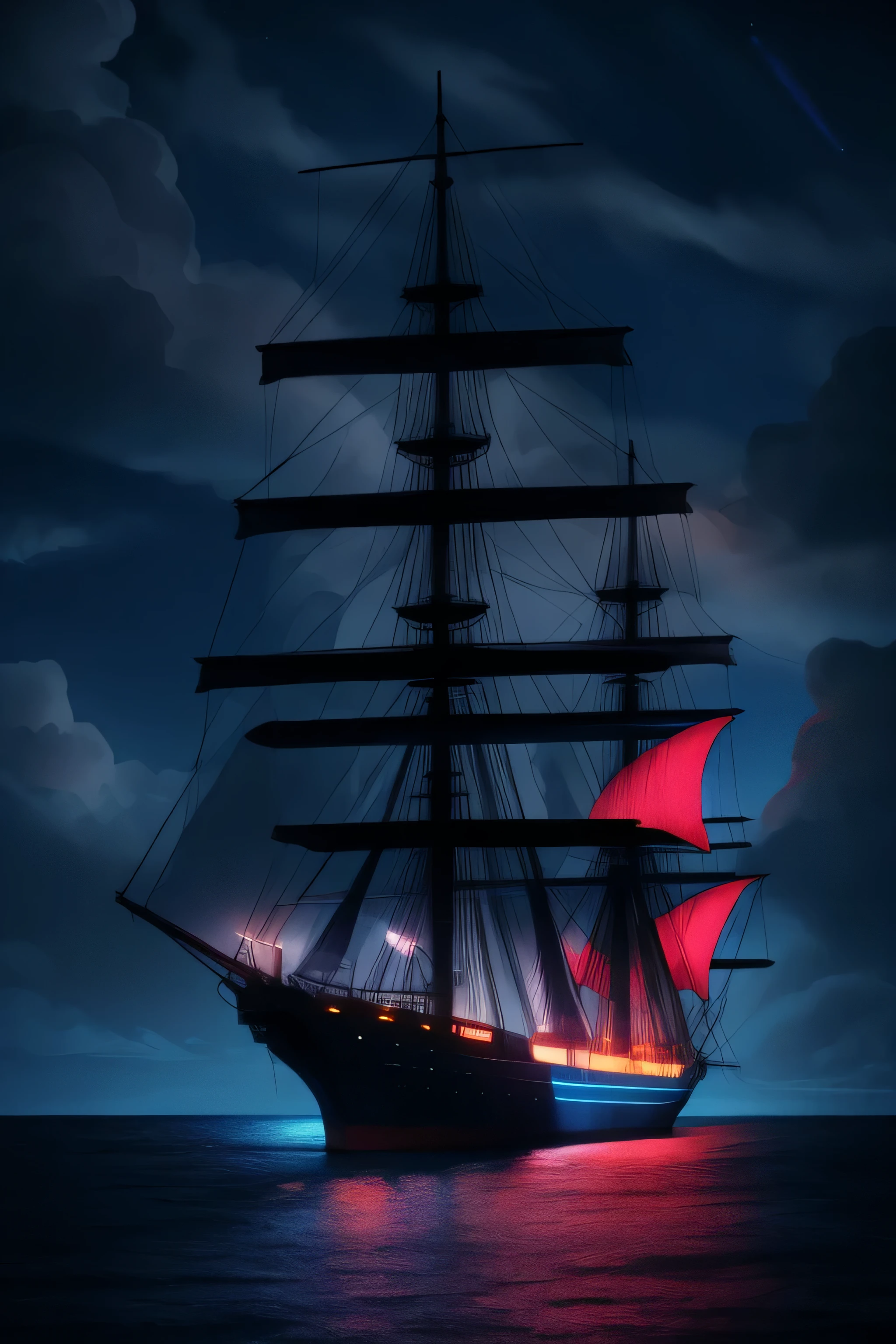 Neon Light Art, in the darkness of the night, A large ship sails , cloud, performer, colorful, detailed, 4K、The ship is far from the coast.　Looks small、