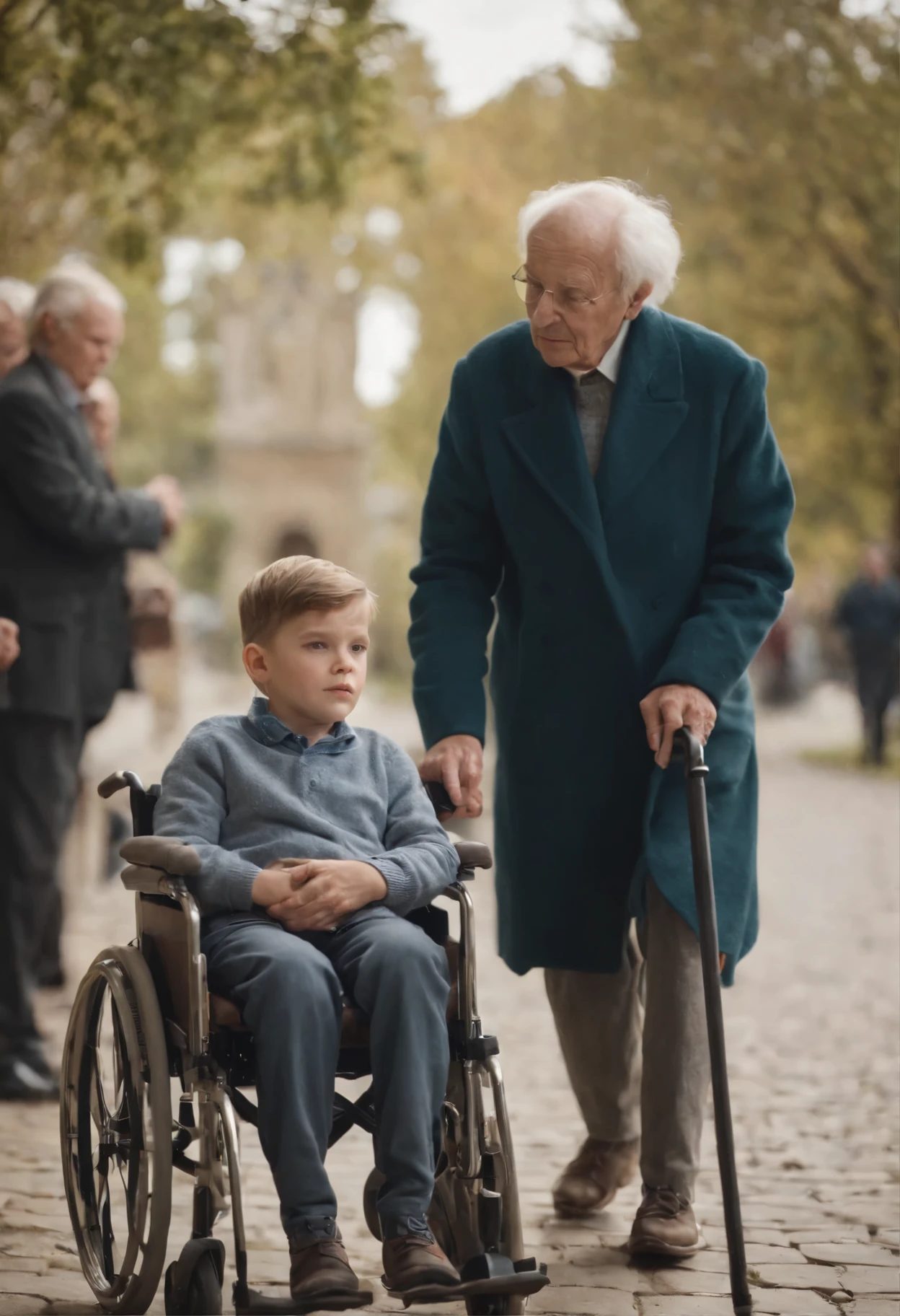 a young boy in a wheelchair and a elderly man in the background