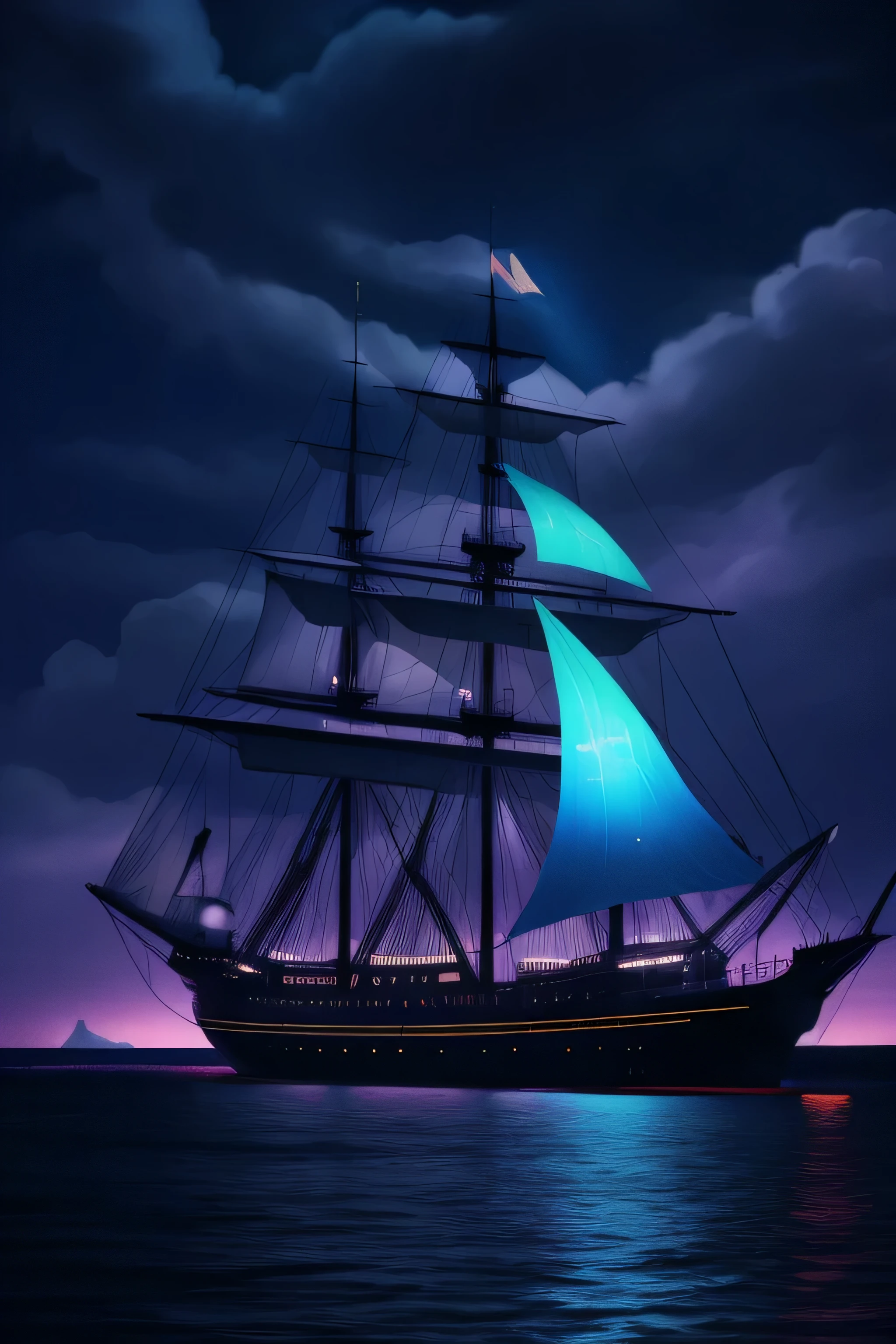 Neon Light Art, in the darkness of the night, A large ship sails , cloud, performer, colorful, detailed, 4K、The ship is far from the coast. Looks small、