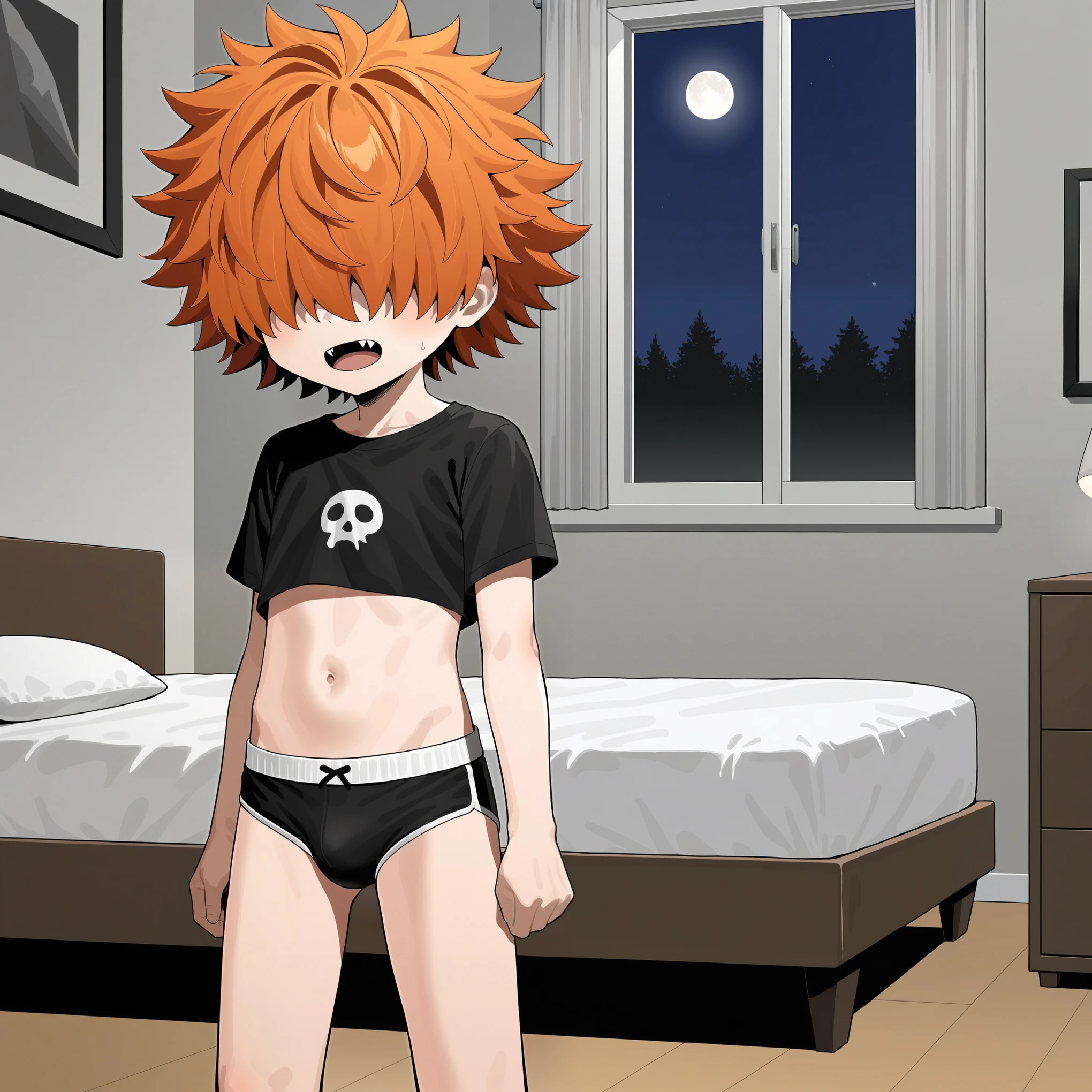 score_9, score_8_up, score_7_up, source_anime, BREAK by ikuchan kaoru, iku, clean color, flat color, 1boy, ((shota)), solo, indoors, crop top, hair over eyes, shaggy hair, fangs, ginger hair,medium hair, messy hair, unkempt, pimples, bedroom, messy bedroom, Unkempt bedroom, dirry clothes on ground, frustrated, annoyed, standing, bulge, night, night time, after dark, goth boy, ((pimples))