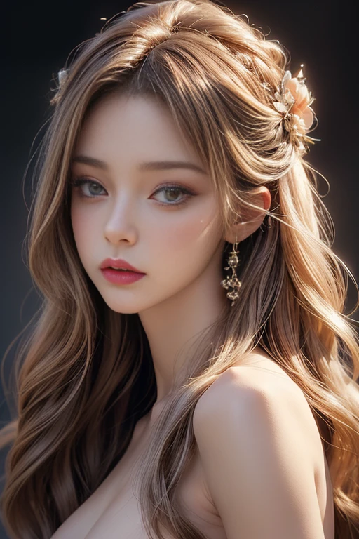 (highest quality, High resolution, Realistic:1.2), Dramatic lighting, oil, Detailed skin texture, Long flowing hair, Elegant pose, Bright colors, Fine brushstrokes, Portrait, Realistic makeup, Intense gaze, Delicate features, Complex background, Professional illustrations、(((Naked 1.5)))、(((full nude 1.5)))small breasts 1.5、Lace fabric