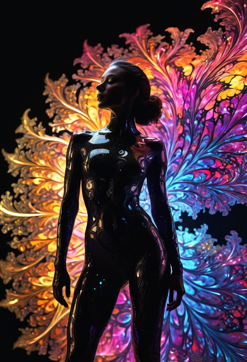 Woman with shiny translucent fractal skin, whole body, Swirling organic pattern, Energetic, Ultra HD, Bright colors, perfect composition, Soft natural volumetric cinema lighting, amazing shadow, Black silhouette, Volumetric Light,
