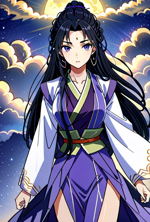 1girl dancing, official art, a character portrait, neck jewelly, contrast, no collar, hair covering face, very long hair, pibo,yan ruyu, solo, braid hair, head_fins, (purple clothes:1.4)
 jewelly, , manhua style. cloud, moon, night
 