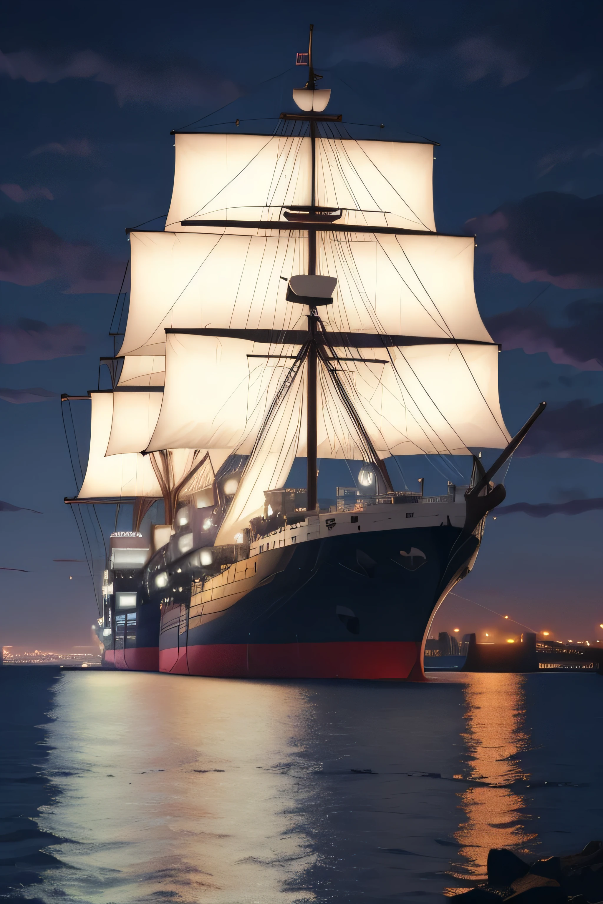 Neon Light Art, in the darkness of the night, A large ship sails , cloud, performer, colorful, detailed, 4K、The ship is far from the coast. Looks small、