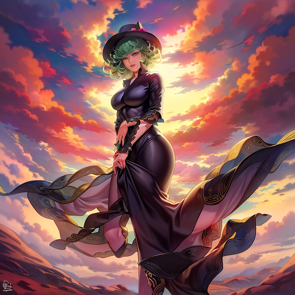 (best quality:1.2), cowboy shot,solo,1girl,Tatsumaki,lustful,extremely detailed eyes, beautiful detailed lips, closed mouth, long eyelashe, glamorous, looking at the viewer, ass, wide hips, black dress, flowing fabric, alluring pose, golden sunlight, dramatic clouds, erotica, vibrant colors