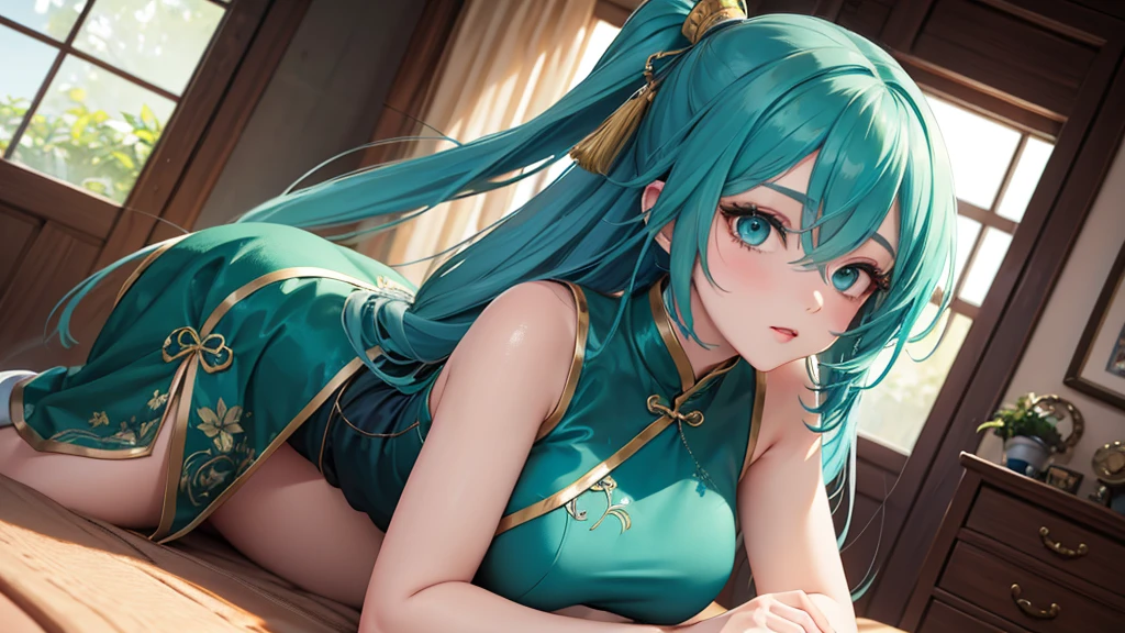 A girl with long blue hair covering one eye, emerald green eyes, and exposed breasts in a cheongsam