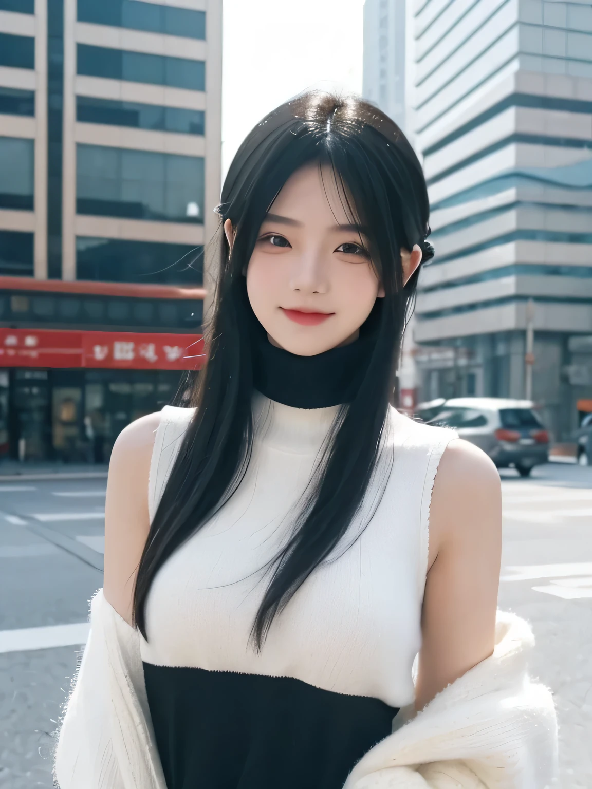 1 girl, (Solitary), black hair and red eyes anime girl, black hair girl, girl in white sleeveless dress, ((Eye mask)), Pointed ears, ((vampire)), giggle, smug, shut your mouth, Cowboy shooting, Perfect white-haired girl, White-haired god, Digital Cyberpunk Anime Art, turtleneck sweater, lens flare, ((Dramatic Lighting)), soft red eyes, Very detailed, masterpiece, Looking at the audience, City background, (night)