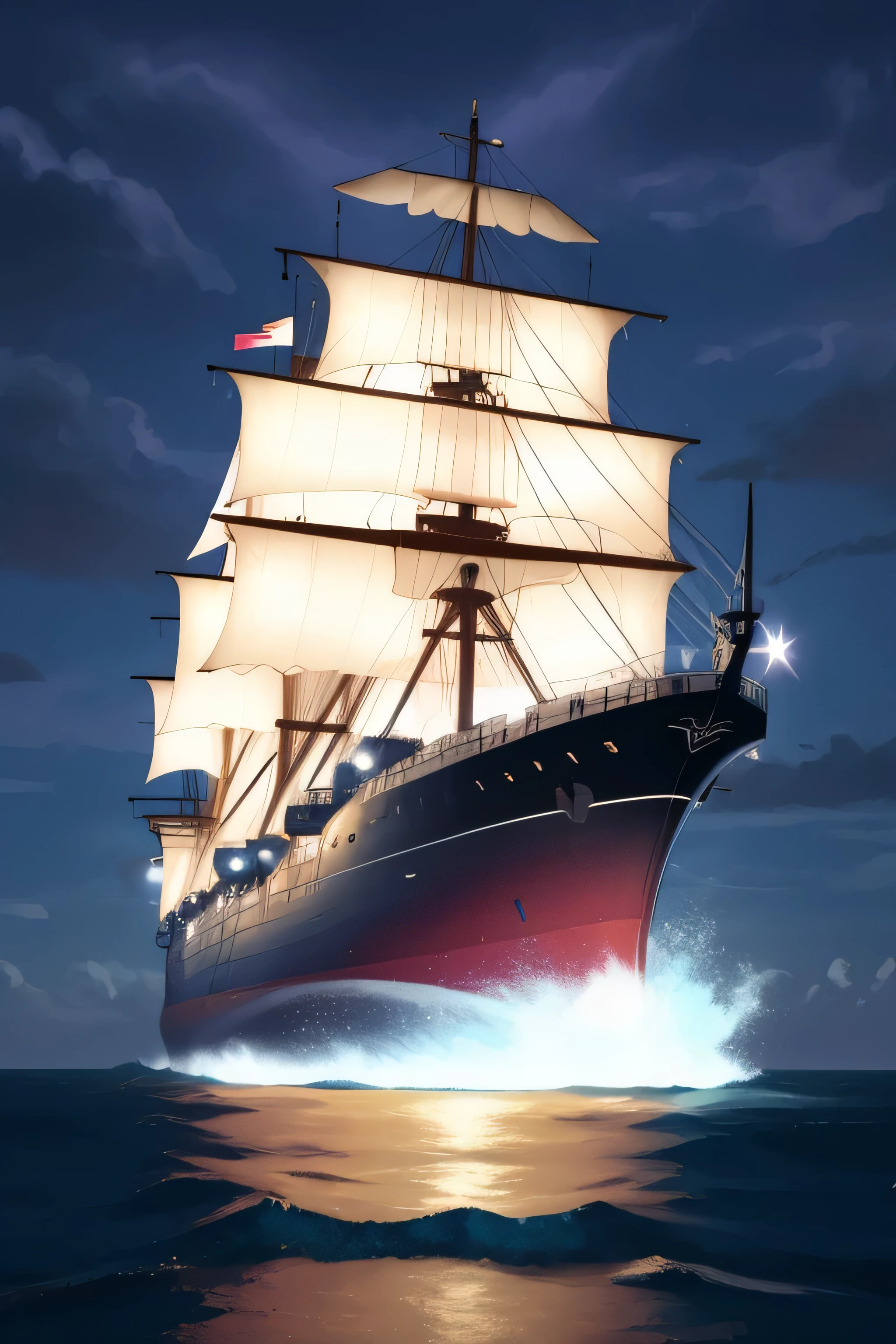 Neon Light Art, in the darkness of the night, A large ship sails , cloud, performer, colorful, detailed, 4K、The ship is far from the coast.　Looks small、