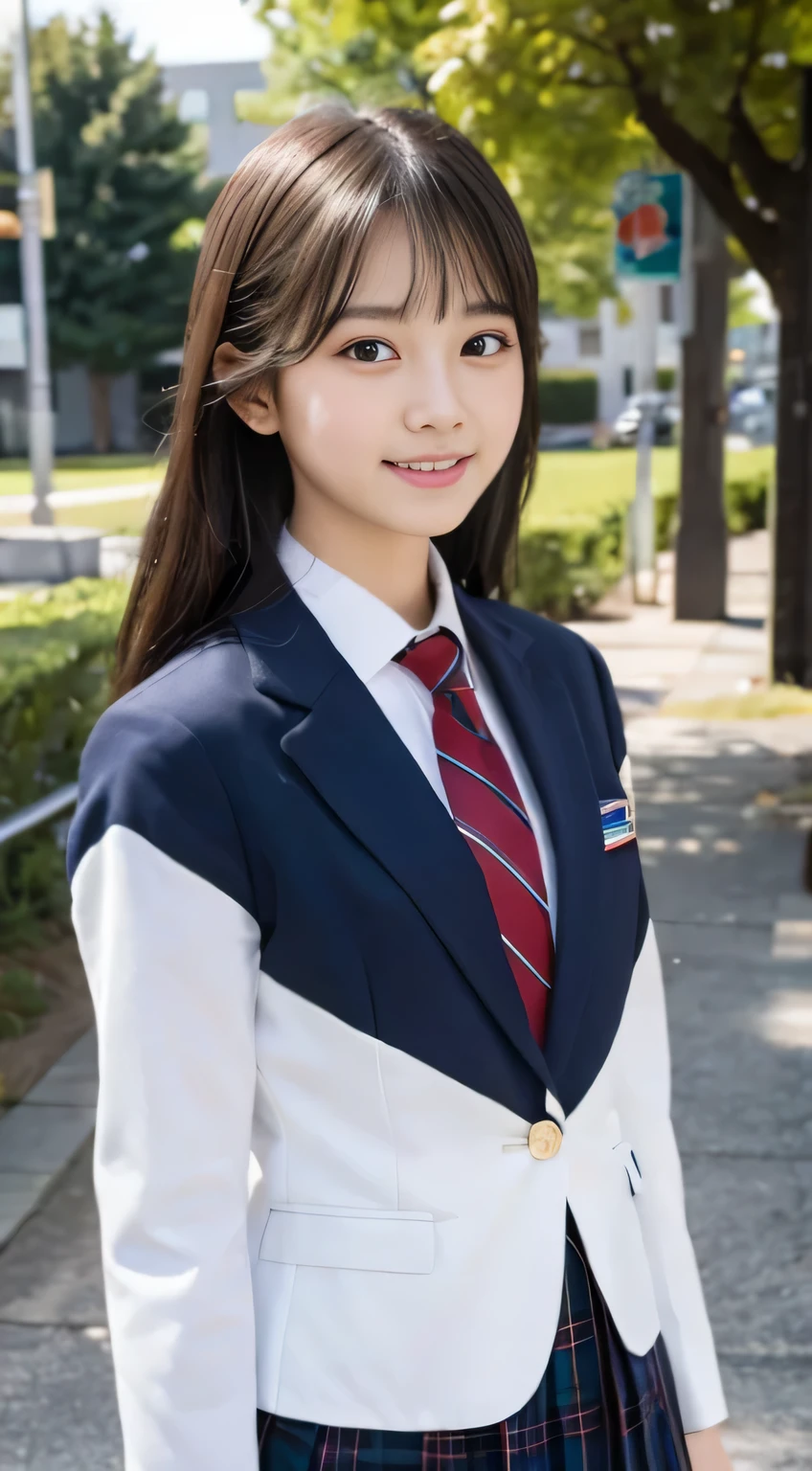 Young girl in dark blue blazer uniform with school emblem on chest,standing in the park, Ties are regimental,finely detail, beautiful detailed women,flat chest, A dark-haired,Looking here,Chest is not open,Full body like,a smile,showing teeth,Shown up to the tips of the feet