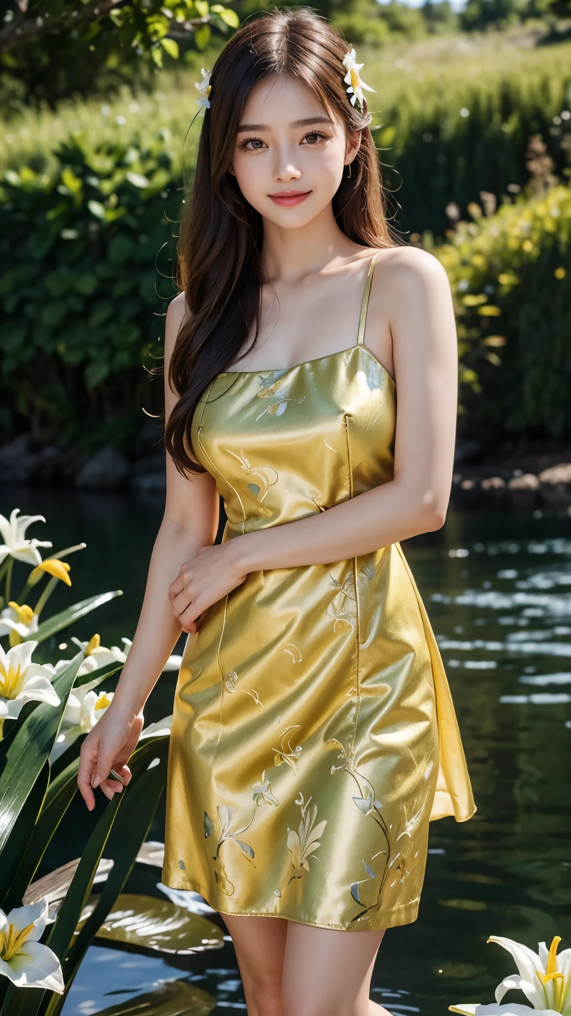 18 years beautiful Girl, Asian Girl, 64K, (masterpiece: 1.4), Beautiful glitter seahorse yellow colour frock dress, frock knee length, nature background, beautiful smile, (smile: 1.2), detailed background, detailed dress, ultra HD image quality, Standing with Beautiful pose, Beautiful eyes, beautiful standing style, Lily flowers plants, ((lily flowers in hair)), Many lily plants, many flowers, CG unity 8k wallpaper, perfect figure, Young Girl, Beautiful Nature, High resolution Dress Quality, high resolution Face, Hd, Ultra HD, ((Realistic:1.2)), Ultra Realistic, Young Round breasts, Tempting Figure, Cinematic photography, Very Soft skin, Very Cute face, worlds most beautiful girl, Detailed Dress, Detailed face, Detailed body, Detailed hair, Award-winning Photography,