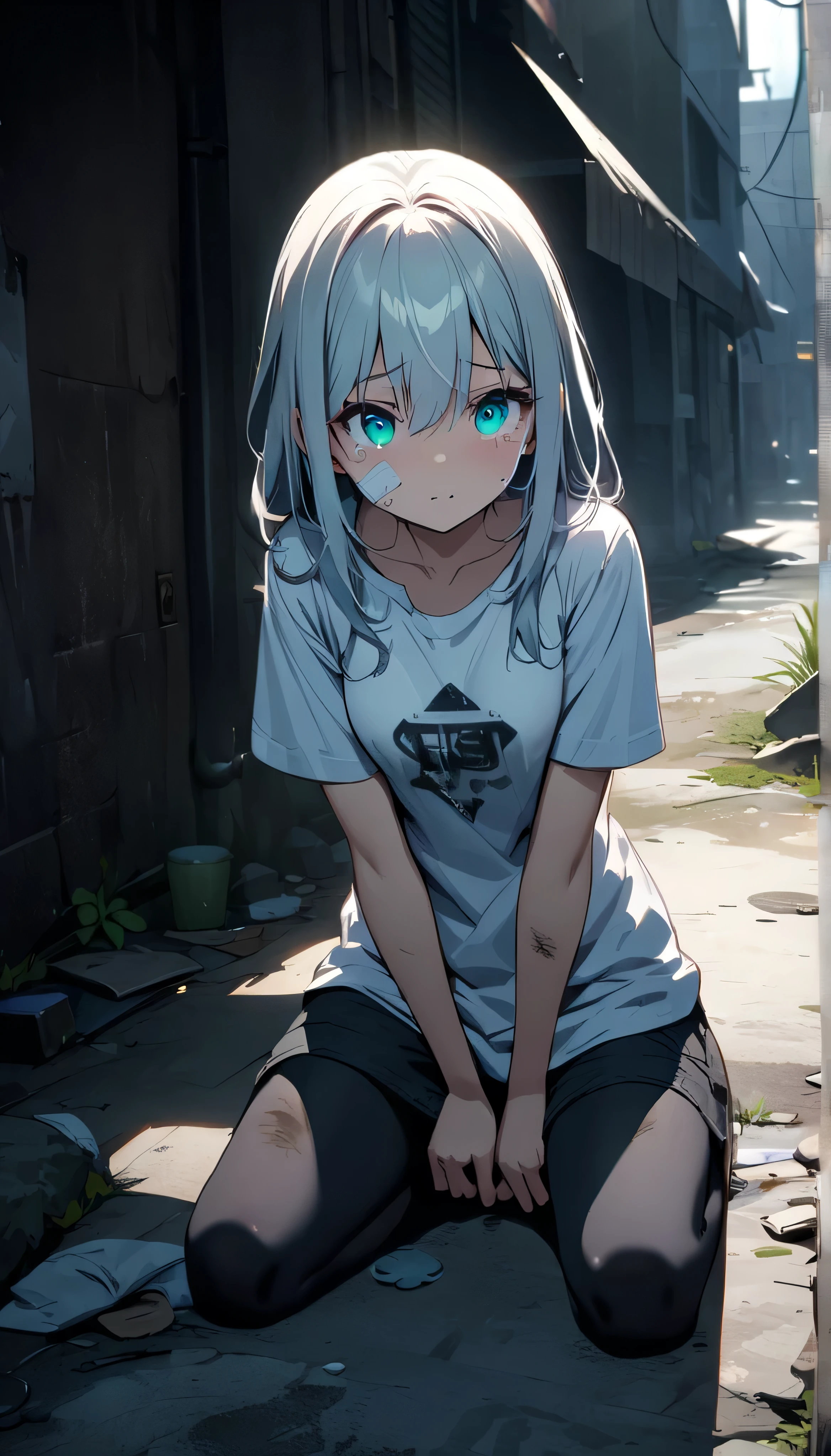 ((dark theme. full resolution. masterpiece. Full HD. very detailed. very detailed eyes. best quality.)) 1girl. young girl. very beautiful and cute girl. thin body. poor girl. longhair. white hair. charming bright aqua eyes. breasts. dirty t-shirt. oversized white T-shirt. kneel . tears. bandage on face. in a slum city alley. depth of field. best rendered CG