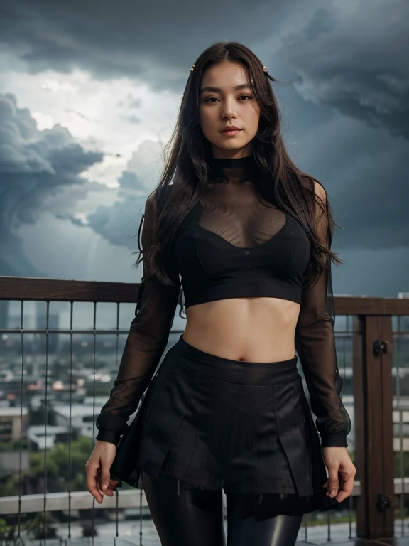 ((full body photograph)) of a Japanese woman, with black pleated (skirt and long tights), perfect nails, wet hair, very long hair, (proud face:1.2), Jpop idol, (RAW photo:1.2), (photorealistic:1.4), (masterpiece:1.3), (intricate details:1. 2), open neck, delicate, (head_scale:0. 8), beautiful detailed, (detailed eyes), (detailed facial features), tall woman, narrow waist, close-fitting, ((((leggings, sheer clothing, circle skirt))), (looking_at_the_viewer), front view, (best_scale:1. 4), (ultra highres:1.2), cinema light, outdoor, ((heavy rain, strong wind, storm)), megalopolis, (extremely detailed illustration), (long eyelashes, best_scale, ultra highres, depth of field, caustic, wide lighting, natural shading, 85mm, f/1. 4, ISO 200, 1/160s:0.75) .