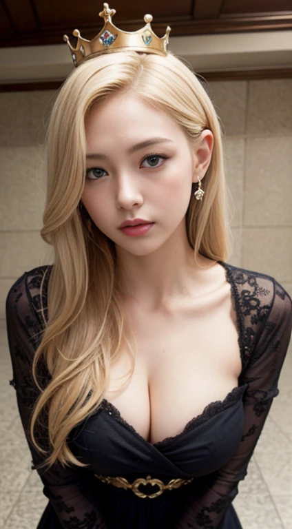 Blondeの女性1名、(Super beautiful)、(Beautiful Face:1.5)、(Shooting from above the knee)、(Detailed face:1.5)、(Detailed Eyes:1.2)、(Lips Detail:1.2)、(Detailed nose:1.2)、(Compensate:1.1)、(Blonde)、Long Hair、(At SFW:1.6)、Photo quality、Surreal、Photo-realistic face、Realistic body、Fine skin texture、super high quality、European、black long dress、Wearing a red crown、palace、Standing pose