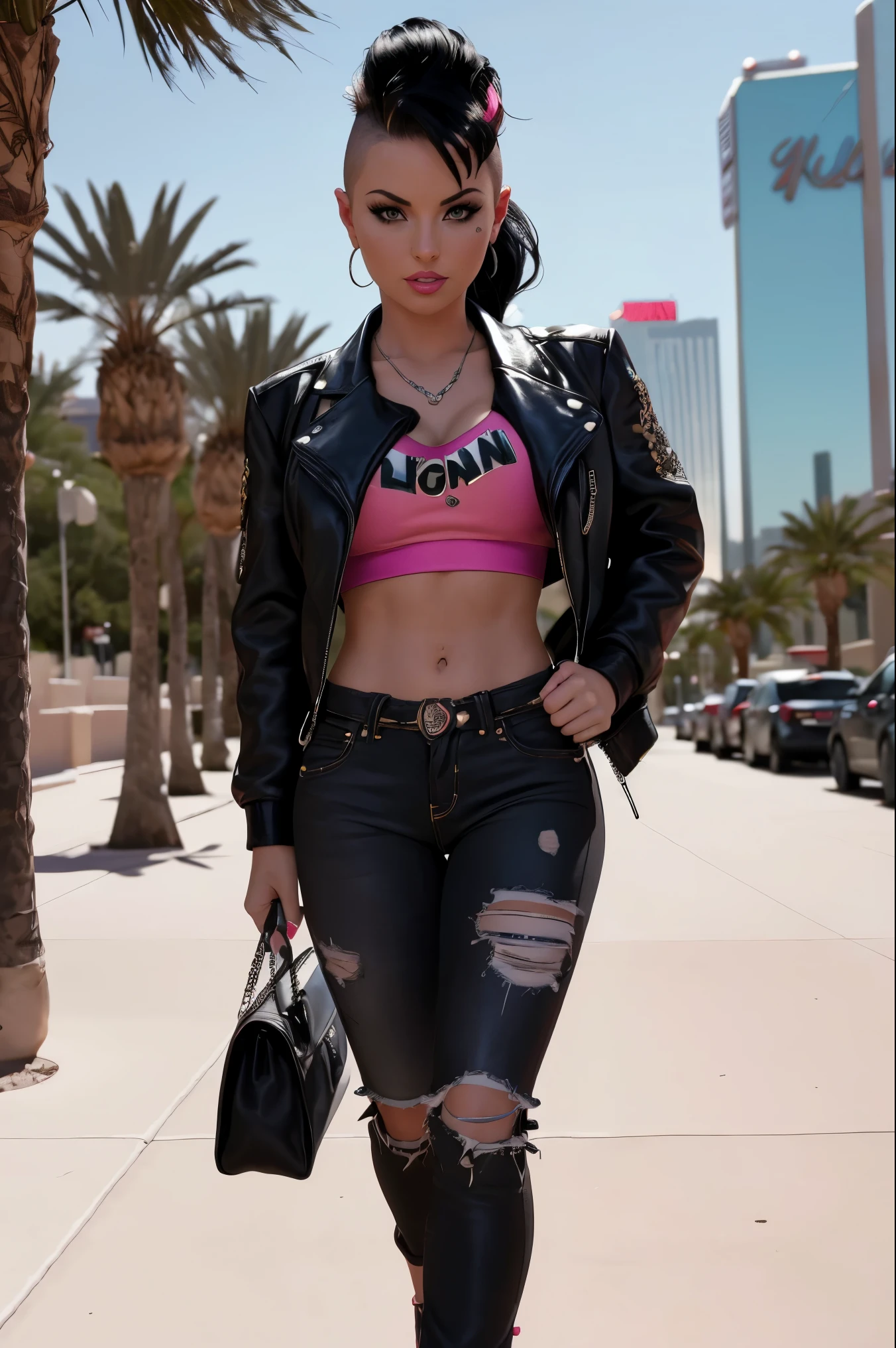 film photo ChristyMackQuiron woman, peinado Mohawk, mohawk hair, black hair, pelo negro, realista, a woman Shot putwearing a crop top and tight jeans walking on Las Vegas, short crop top, ahort black leather jacket, chaqueta de cuero negro corta, vaqueros apretados, pink heels, tacones rosas, de buen tono, 35mm photography, Movie, bokeh, profesional, 4k, muy detallado, Las Vegas