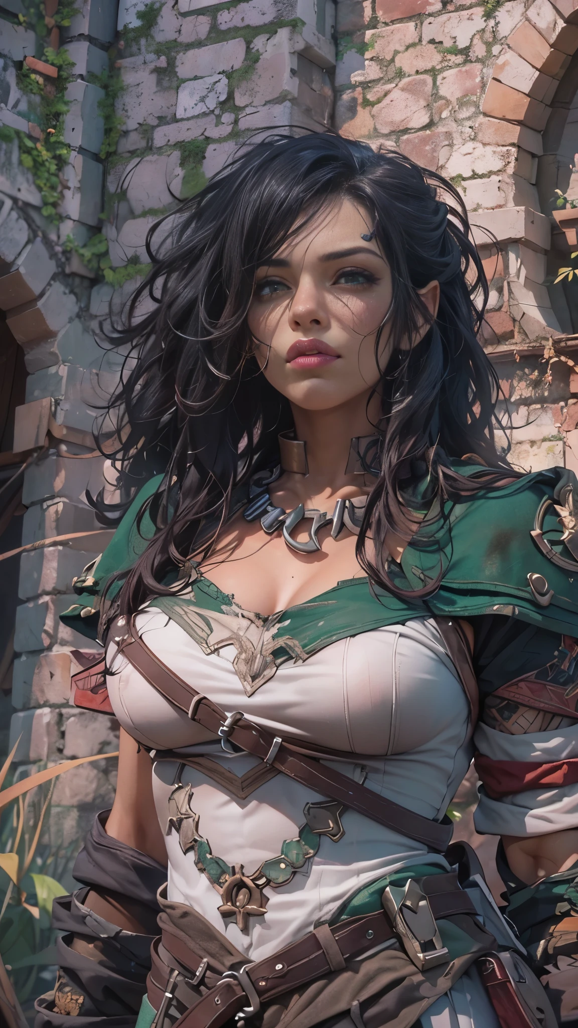 ((Beautiful female orc, green skin, slightly muscular, high, Long black curly hair, bare chest, standing nipples, Emerald green eyes)), Gladiator costume, amazingly beautiful athletic body, at the ruins of a medieval castle, overgrown with hemp, tattoos on body, Beautiful D&character portrait, dark fantasy, detailed, Octane render, digital art, Extreme detail, 4k, ultra HD, polished, Beautiful, hyper-detailed, difficult, anime character, detailed, sharp focus, VLP, Character design, Unreal engine, 3d rendering, volumetric lighting, reflections, glossy, digital illustration, sensual pose, Suggestive pose, Full body shot, Anatomically correct, 💖❤💕💋❣