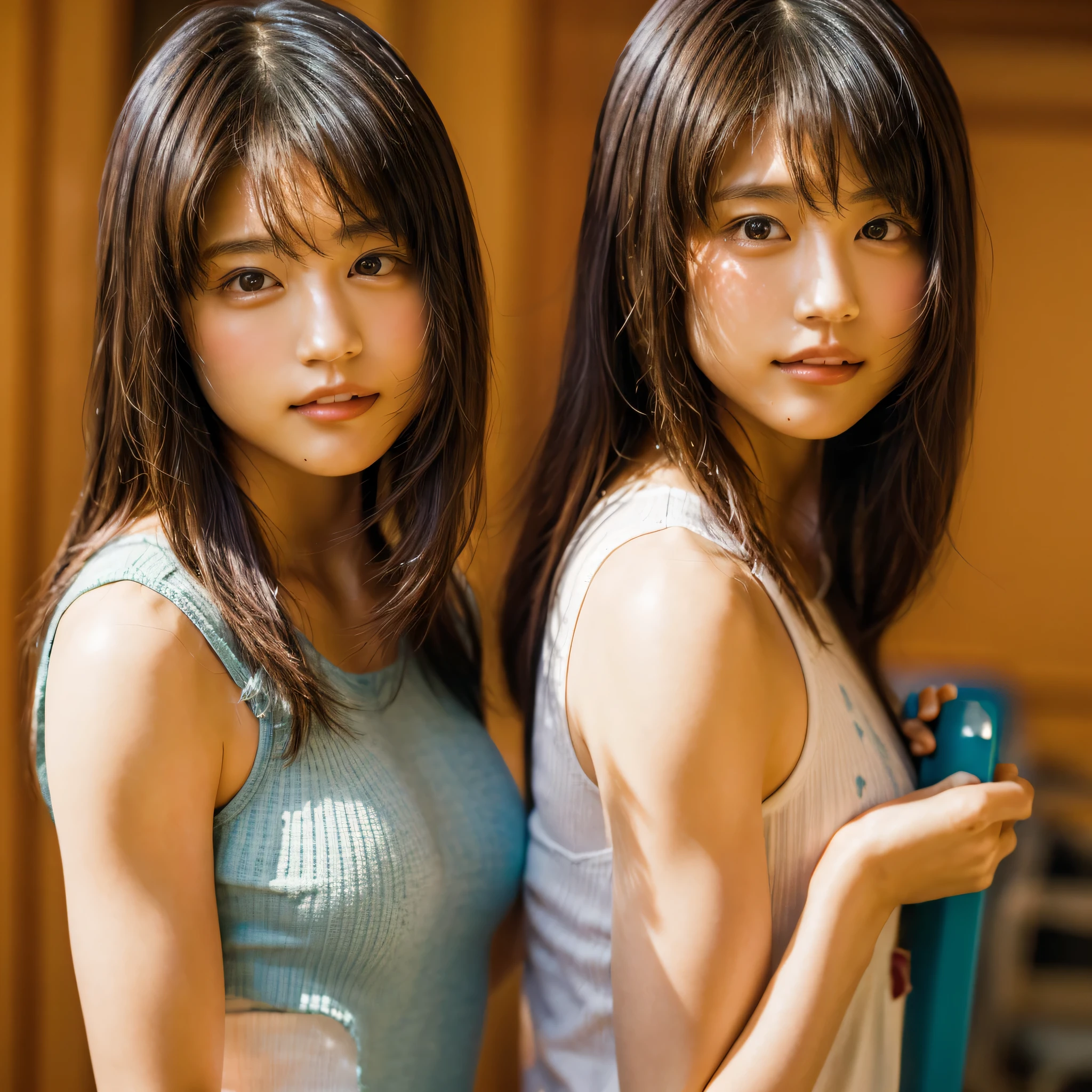 Beautiful identical twin sisters、(8k、RAW Photos、highest quality、masterpiece:1.2)、(Realistic、Photorealistic:1.37)、Very detailed、超A high resolution、1 girl、Genuine uneven frame included.、Kasumi Arimura、Seeing the viewer、Beautiful and dense face、smile、narrow、(Muscular style) :1.3)、Gymnastics、Beautiful, smooth skin、Skin Texture、Professional Lighting、Whole Body Ezbian、I'I am doing muscle training.....、(Muscular body)、Hold dumbbells