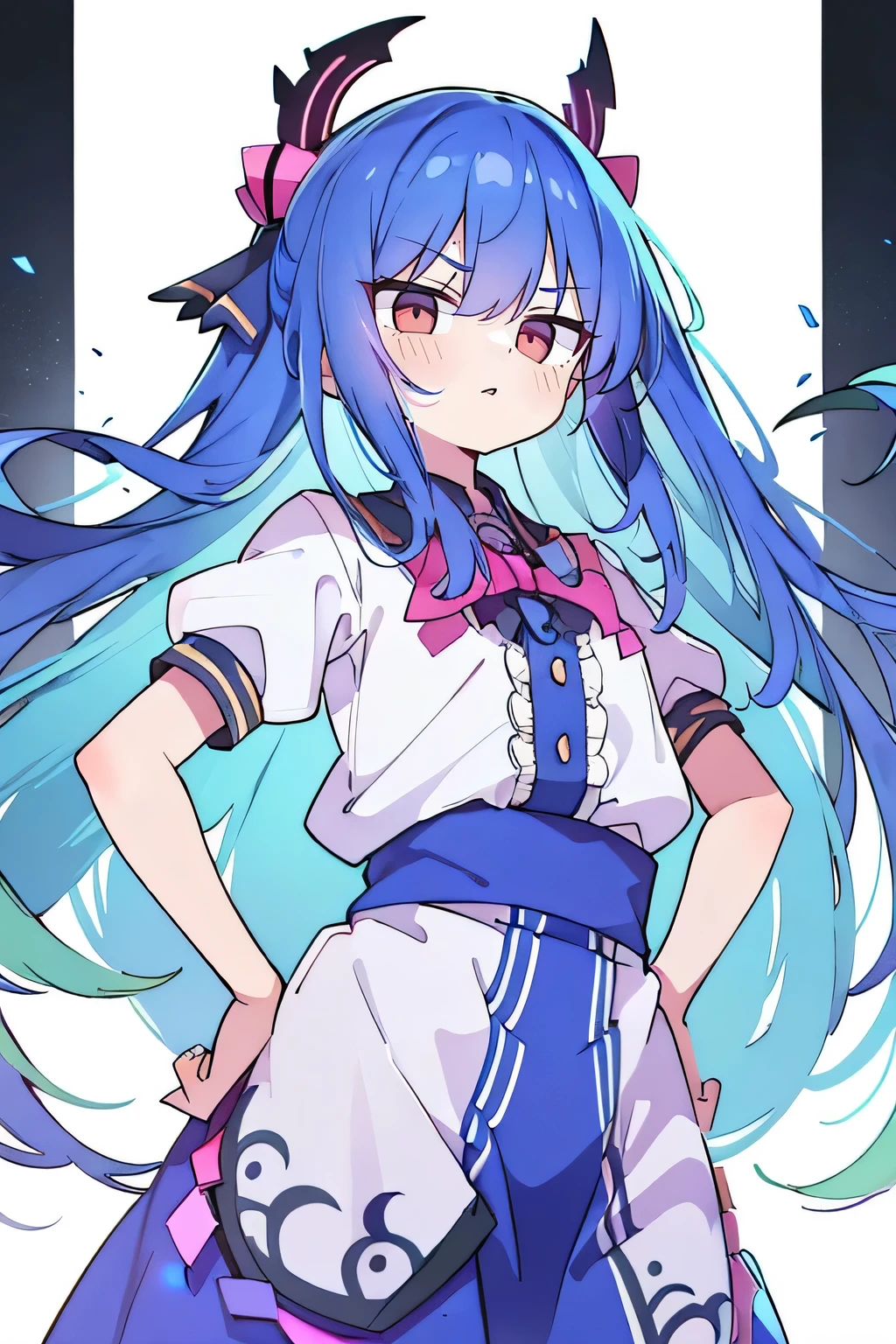 (masterpiece),best quality, expressive eyes, perfect face, 1girl,
 Hands on waist,fair, Gorgeous,Japanese cartoons,girl,Lola,Hina Angel, Blue Hair, Blue Haired, floating clothes,Grab your waist, Grab your waist, Hands on Hips , Hands on Hips,flat chest