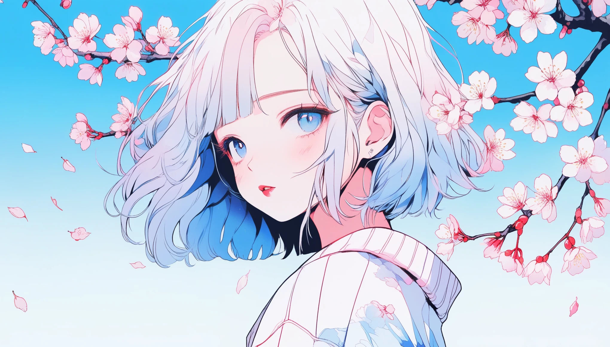 illustrator, anime , realistic ,sketch , 1 girl, ,lip, sweater,order, blue gradient background, neon hair,Textured Trim, Canadian, (masterpiece,highest quality) Good luck,cherry blossoms,pure white background,cherry blossoms
