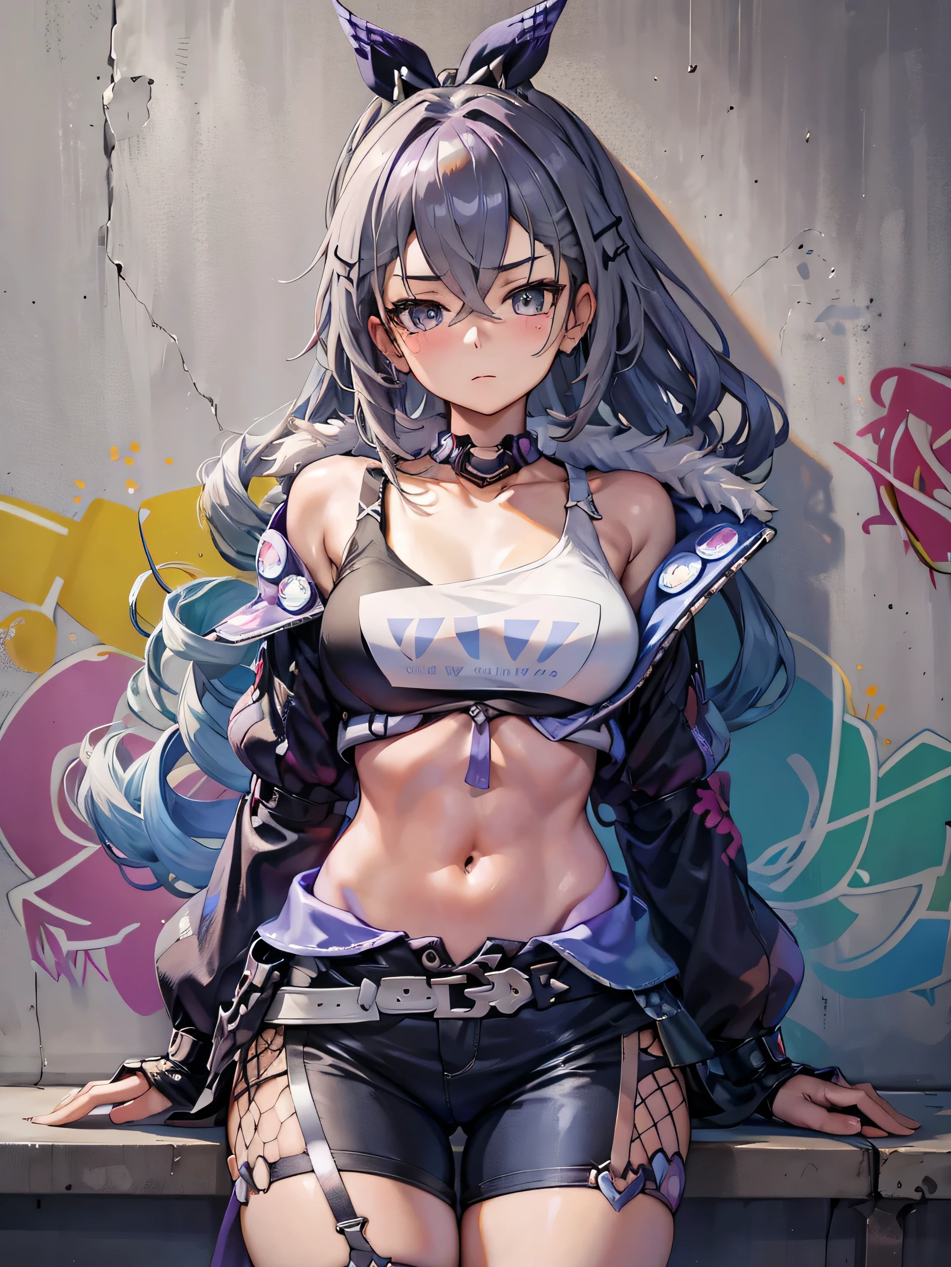 Beginning of Naxi|Genshin Impact, masterpiece, best quality, 1 girl,25 years old, extra large breasts,Fitness pants,tight vest collar, (Graffiti:1.5), Splash with purple lightning pattern, arms behind back, against the wall, Viewing the audience from the front, thigh strap, head tilt, boring, water eyes,yellow hair