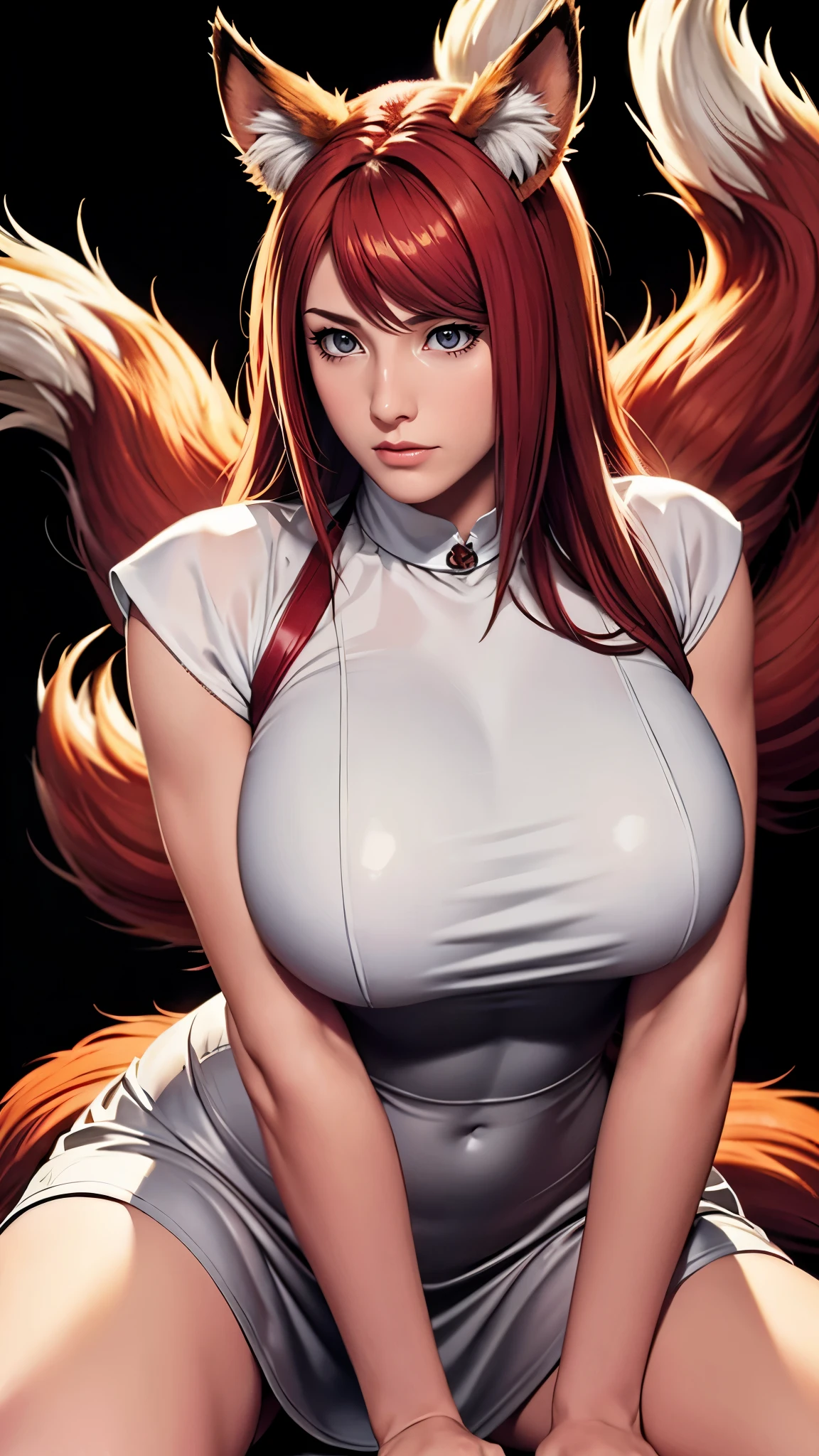 （（（完美figure，figure，（（（kurama,Pommeled Horse, abdominal muscles, red eyes, animal ears, body hair, colored sclera, fox ears, fox girl, fox tail, hairy, hairy female, fox, multiple tails, muscular, navel, orange fur, permanent, tail, tone, （（（shirt, dress,  white shirt, short sleeves, apron, bracelet, green apron, collar,））），））），（（（kushina, long hair, hair ornament, red hair, hairclip, (grey eyes:1.5), ））），((masterpiece)),high resolution, ((Best quality at best))，masterpiece，quality，Best quality，（（（ Exquisite facial features，Looking at the audience,There is light in the eyes，(（（Pain, patience, biting lips））)，））），型figure:1.7））），（（（Light and shadow，Huge breasts））），（（（Looking at the camera，black background，）））