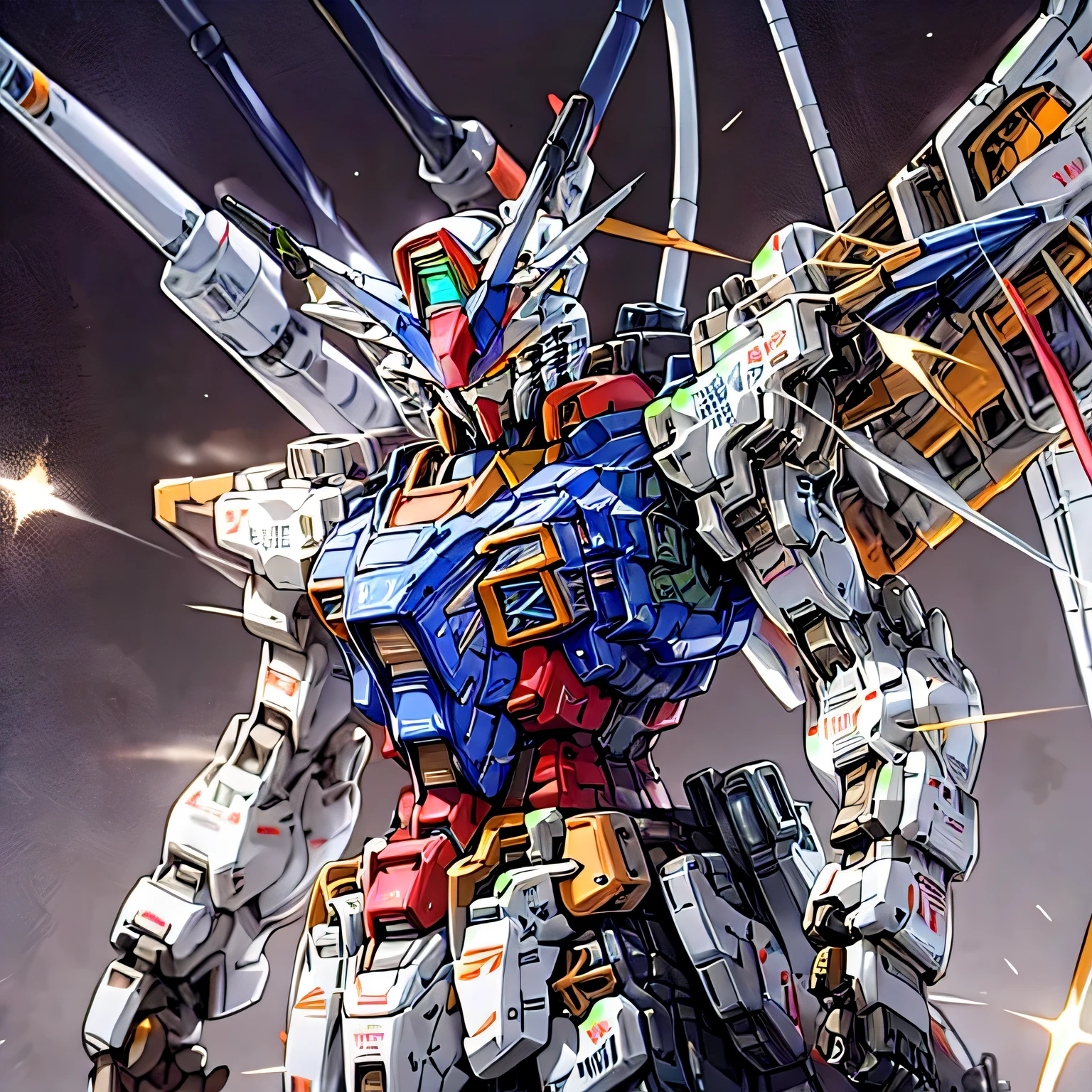 Bokeh, flying, concise, 8k wallpaper, robot, eyes glowing cross blue, mecha, Dapeng spreading its wings, holding double gun aiming at the target, black, in dark matters, rx-78 gundam