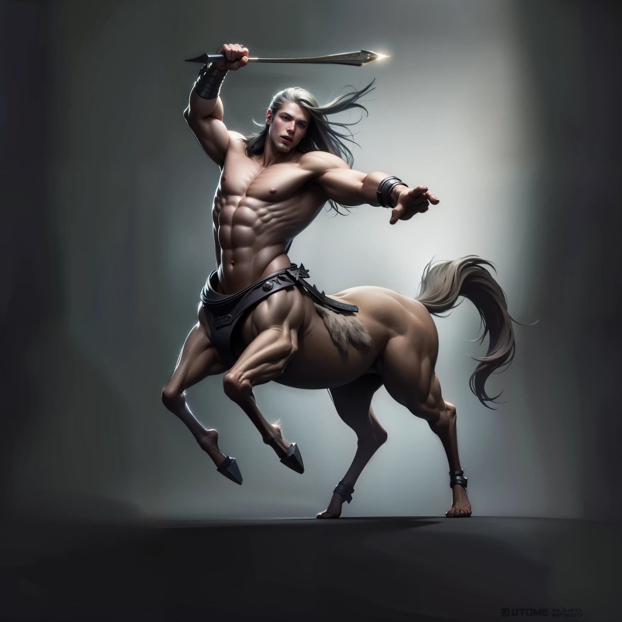 1 Centaur Warrior Masculine Male, masterpiece, ((Perfect eyes)) best quality, (semi-realism:1.9), beautiful lights, (Extremely detailed CG unified 4k full HD wallpaper), High Detail, Sharp focus, dramatic outdoor activities, 1 boy ,19 years old, white hair, light purple eyes, Smile.