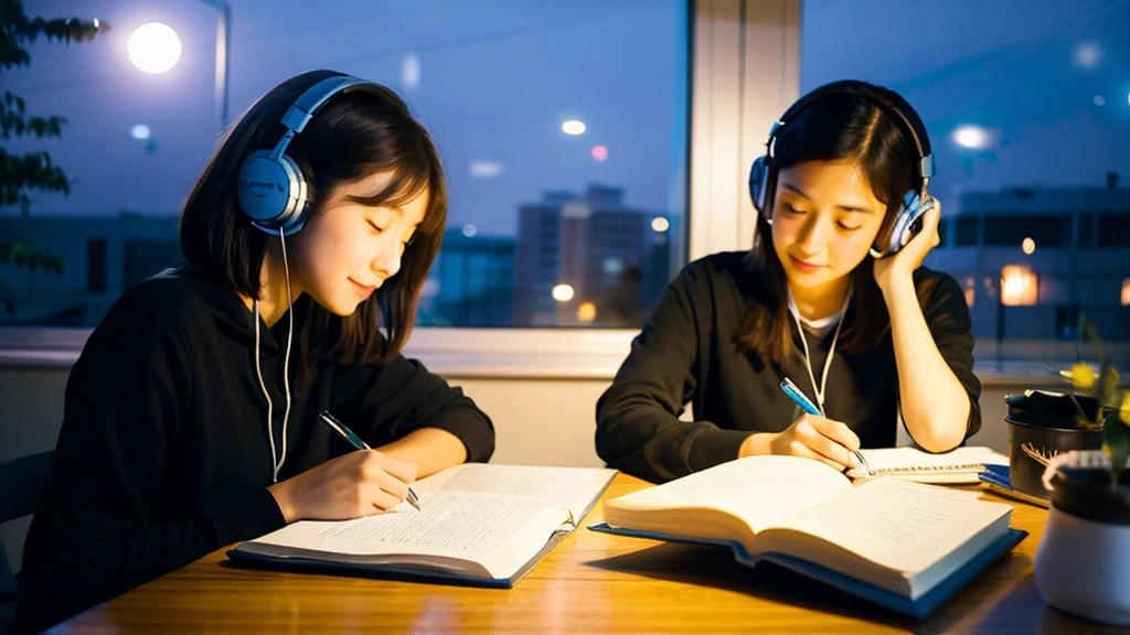 A cute Japanese girl studying or working at her desk、relax、night、Real、focusing、Gentle feeling、wearing headphones、Side view、LO-FI photos、窓の質はnightの街、2 a.m.、Straightening of the back、Looking down and writing notes、2 a.m.