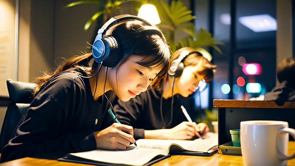 A cute Japanese girl studying or working at her desk、relax、night、Real、focusing、Gentle feeling、wearing headphones、Side view、LO-FI photos、窓の質はnightの街、2 a.m.、Straightening of the back、Looking down and writing notes、2 a.m.