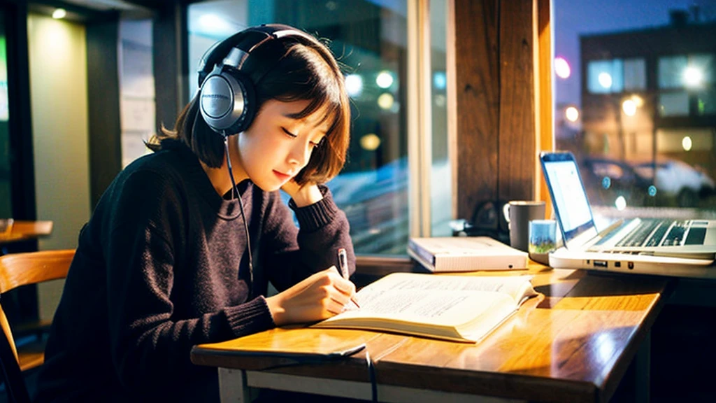 A cute Japanese girl studying or working at her desk、relax、night、Real、focusing、Gentle feeling、wearing headphones、Side view、LO-FI photos、窓の質はnightの街、2 a.m.、Straightening of the back、Looking down and writing notes、2 a.m.