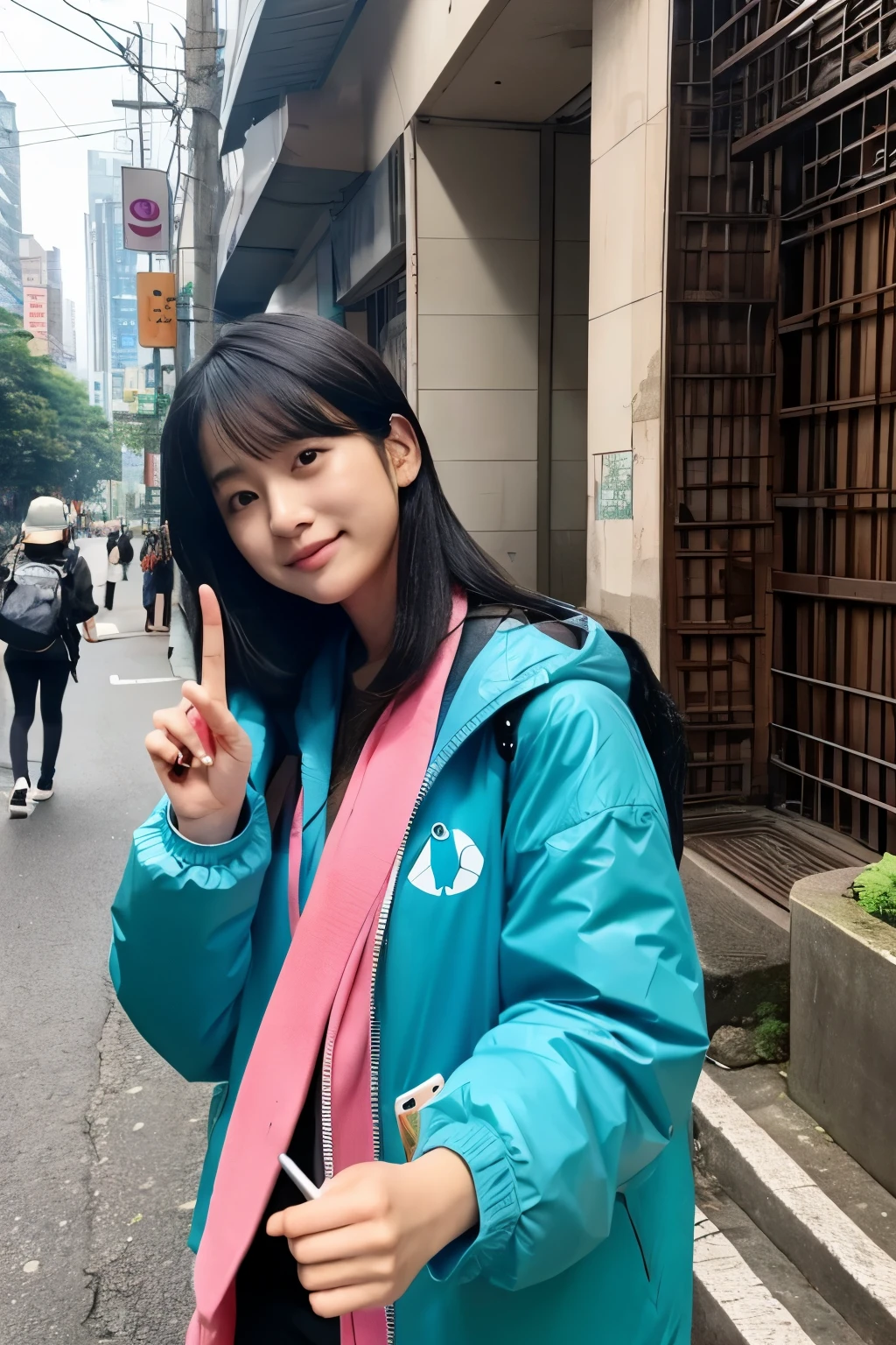 A Taiwanese woman looking forward and making a peace sign 30th generation
