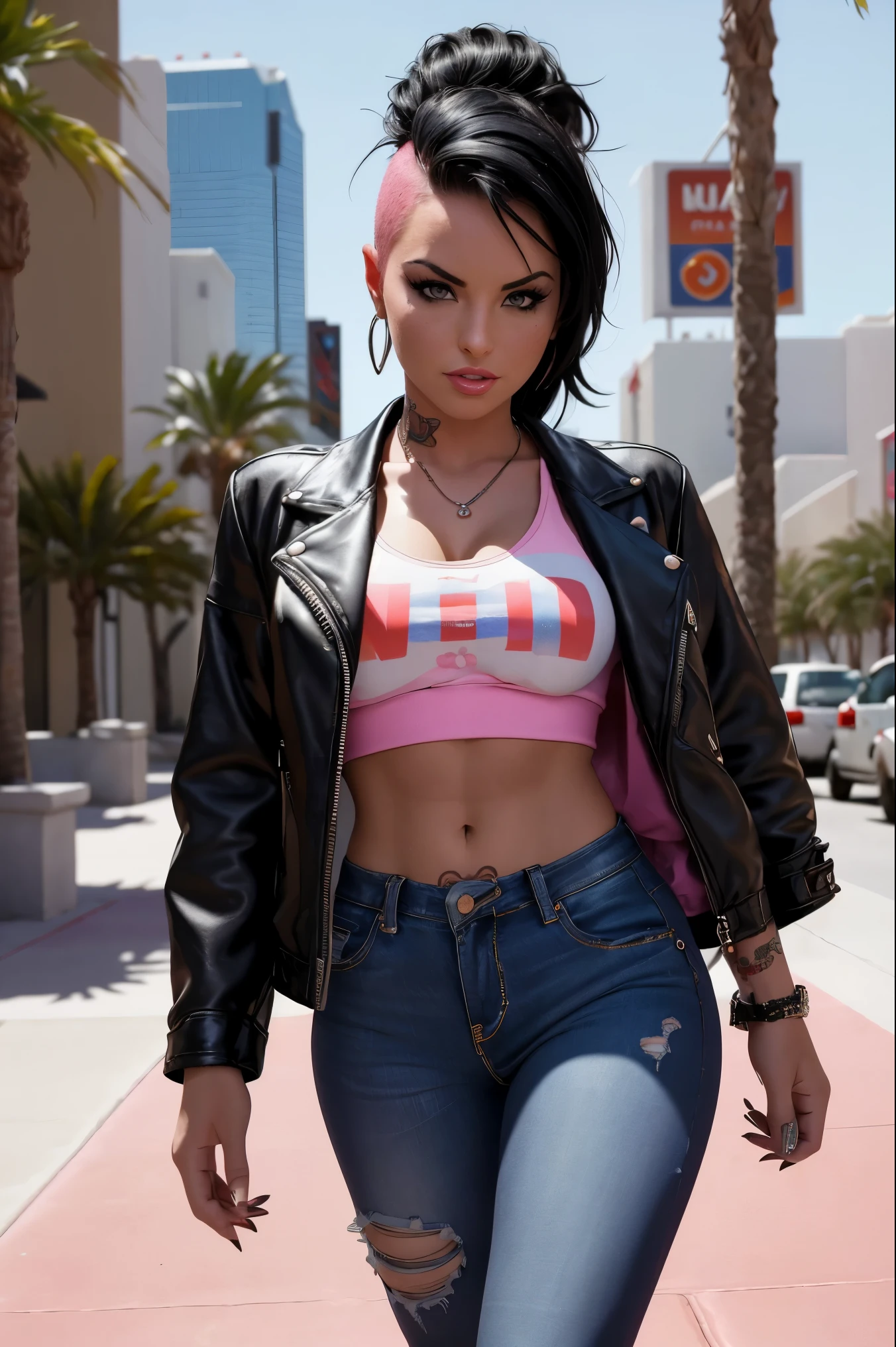 film photo ChristyMackQuiron woman, peinado Mohawk, mohawk hair, black hair, pelo negro, realista, a woman Shot putwearing a crop top and tight jeans walking on Las Vegas, short crop top, ahort black leather jacket, chaqueta de cuero negro corta, vaqueros apretados, pink heels, tacones rosas, de buen tono, 35mm photography, Movie, bokeh, profesional, 4k, muy detallado, Las Vegas