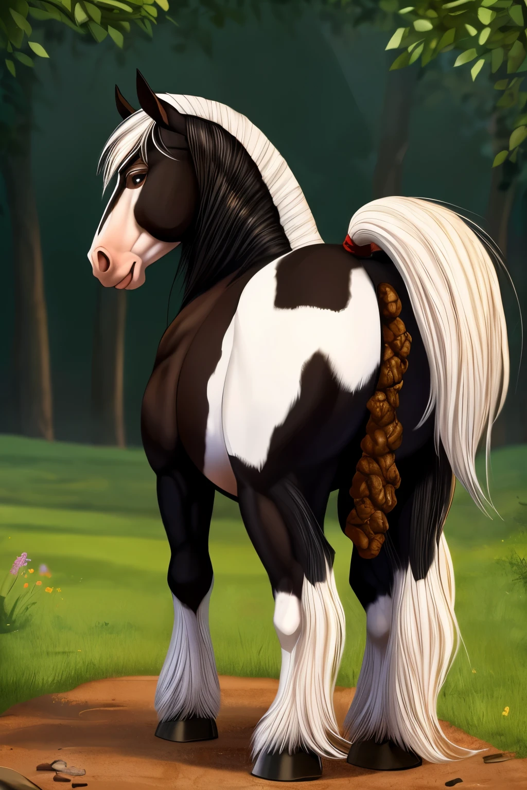 score_9, score_8_up, score_7_up, score_6_up, score_5_up, score_4_up, ((feral gypsy vanner horse)), (detailed, butt focus, big ass, thicc, looking back, pink genitals), standing, tail, anus, balls, horsecock, mottled genitals, fully erect, unshorn fetlocks, ((scat, horse_feces falling from anus, scat in anus, horse shitting pony_feces, pile of pony_feces, Tailhole)), musk, musky, fart, fart cloud