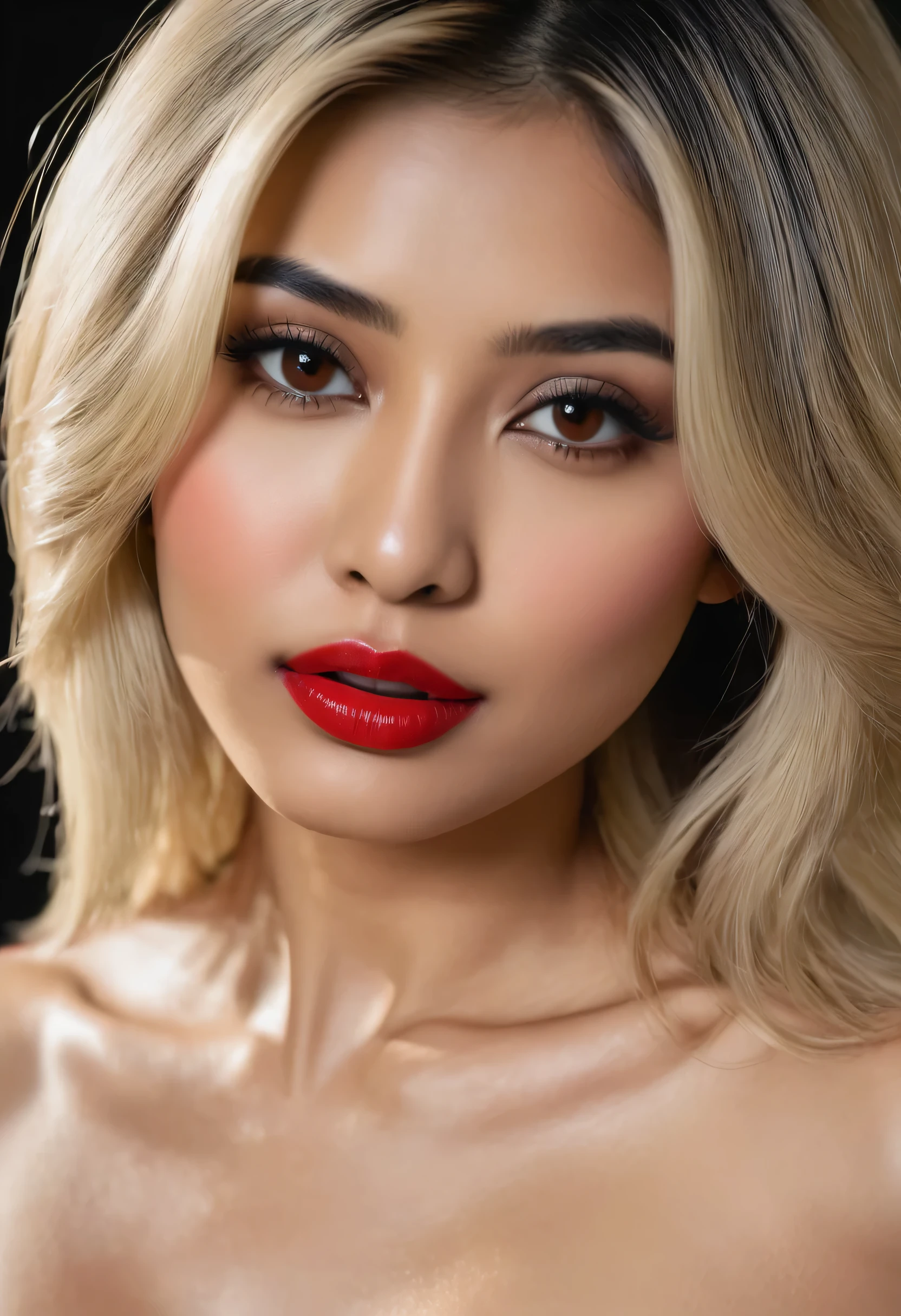 blonde woman with red lips and a red lip posing for a picture, beauty retouch, professional retouch, detailed face of a asian indian girl, detailed face with red lips, light-red lips, thin red lips, soft portrait shot 8 k, detailed beauty portrait, sexy red lips, portrait of a beautiful model, close up portrait photo, sexy face without makeup