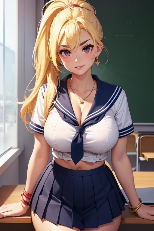(Extremely detailed CG, Unite, 8K wallpaper is extremely exquisite and beautiful), (masterpiece), (Top quality:1.0), (超A high resolution:1.0), ((Perfectly proportioned shot:1.0)), Beautiful vibrant lighting, Realistic shadows, [high resolution], Tanned skin, Cute face, Round eyes, red contact lenses, Slanted eyebrows, , Be bold, Naughty smile, Red lips, ((dyed blonde hair)), ((Tie your hair up)), (((medium breast size))), plump figure,Cleavage close-up， Hot Girls, high school classroom, Colorful necklace, Colorful bracelets, earrings, ((White Sailor High School Shirt)), ((Navy pleated skirt)), ((Waist Up))