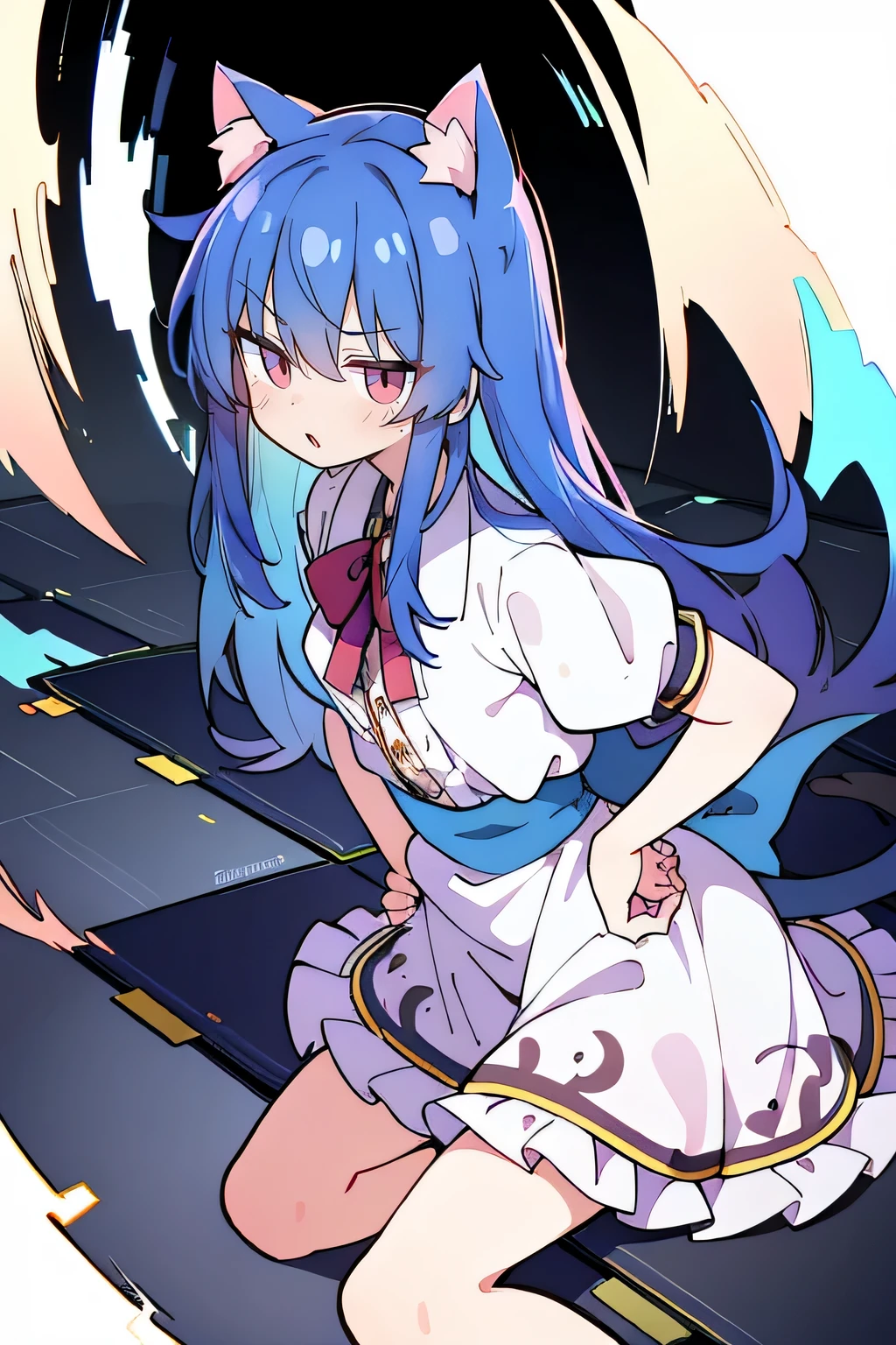 (Masterpiece), best quality, expressive eyes, perfect face, 1girl,
Put your hands on your waist, fair, gorgeous, Japanese comics, girl, Lola, young angel, blue hair, blue hair, flowing clothes, hug the waist, hug the waist, hands on hips, hands on hips, lay down , lying on the ground, legs on the ground, flat chest, cat ears