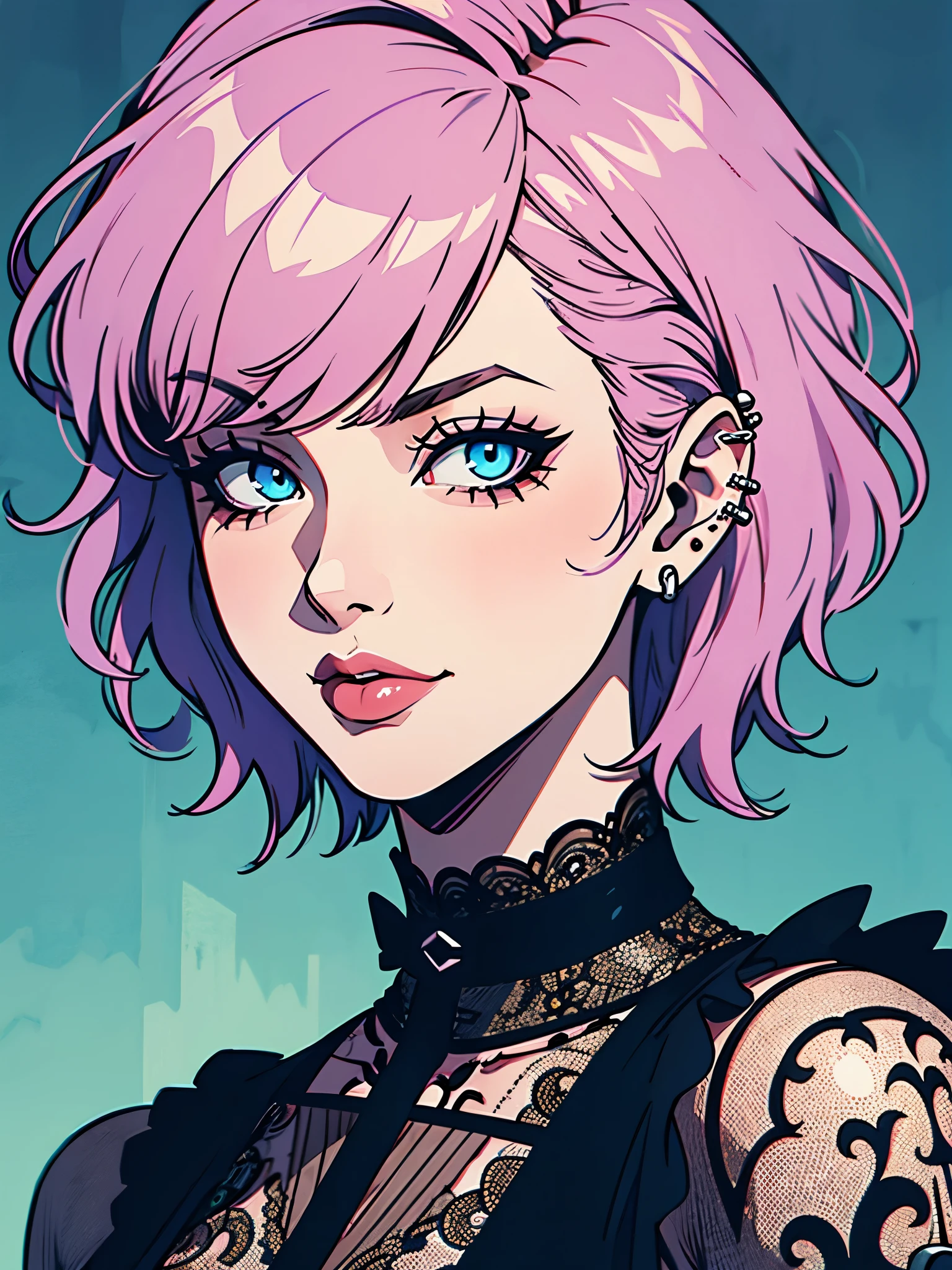 1girl,close-up, 8k, RAW photo, best quality, masterpiece,realistic, photo-realistic, short pastel hair, bangs, detailed tattoo on neck, piercing, blue eyes, goth outfit