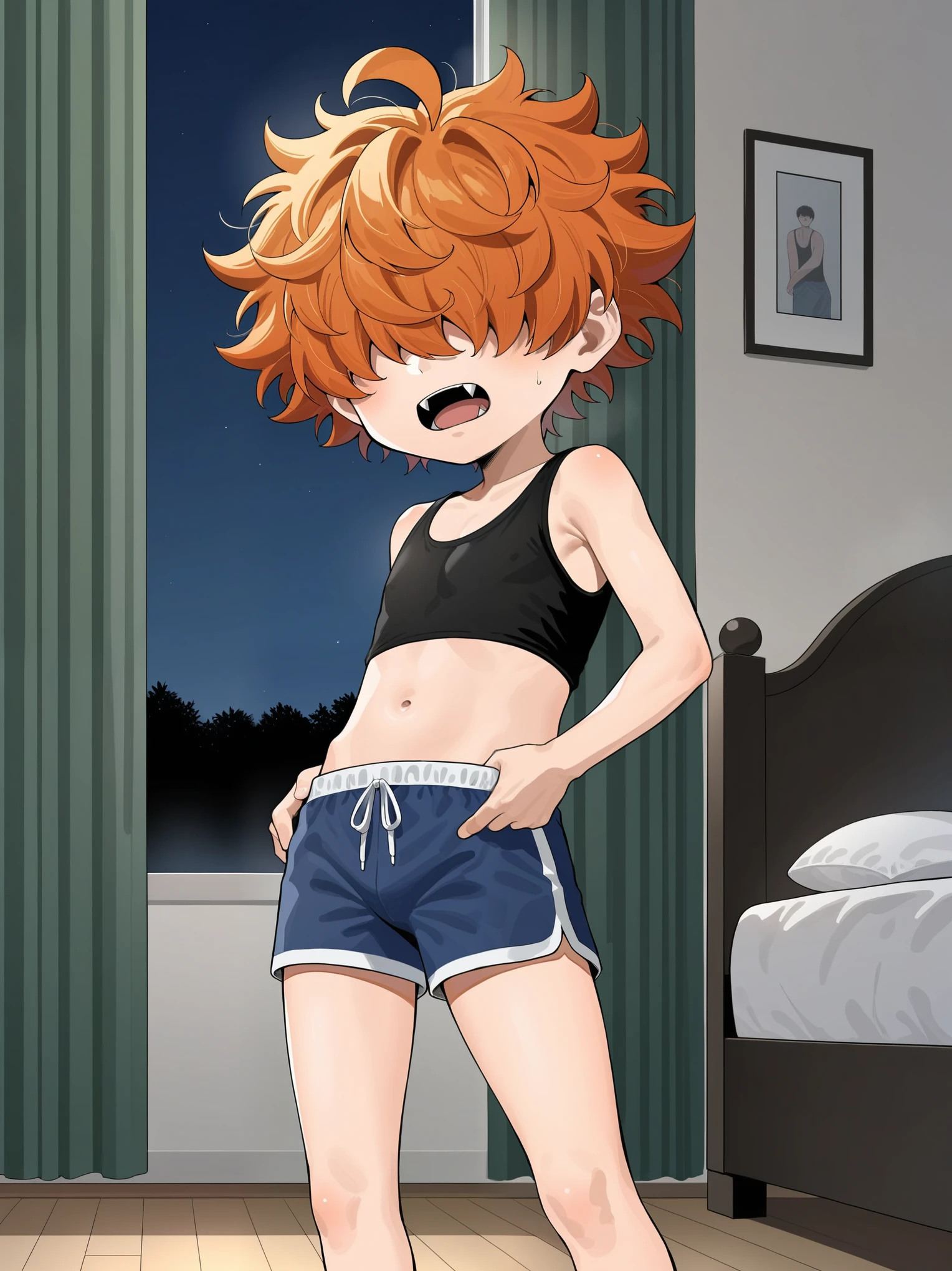 score_9, score_8_up, score_7_up, source_anime, BREAK by ikuchan kaoru, iku, clean color, flat color, 1boy, ((shota)), solo, indoors, crop top, hair over eyes, shaggy hair, fangs, ginger hair,medium hair, messy hair, unkempt, pimples, bedroom, messy bedroom, Unkempt bedroom, dirry clothes on ground, frustrated, annoyed, standing, bulge, night, night time, after dark, goth boy, ((pimples)), ((closeup))