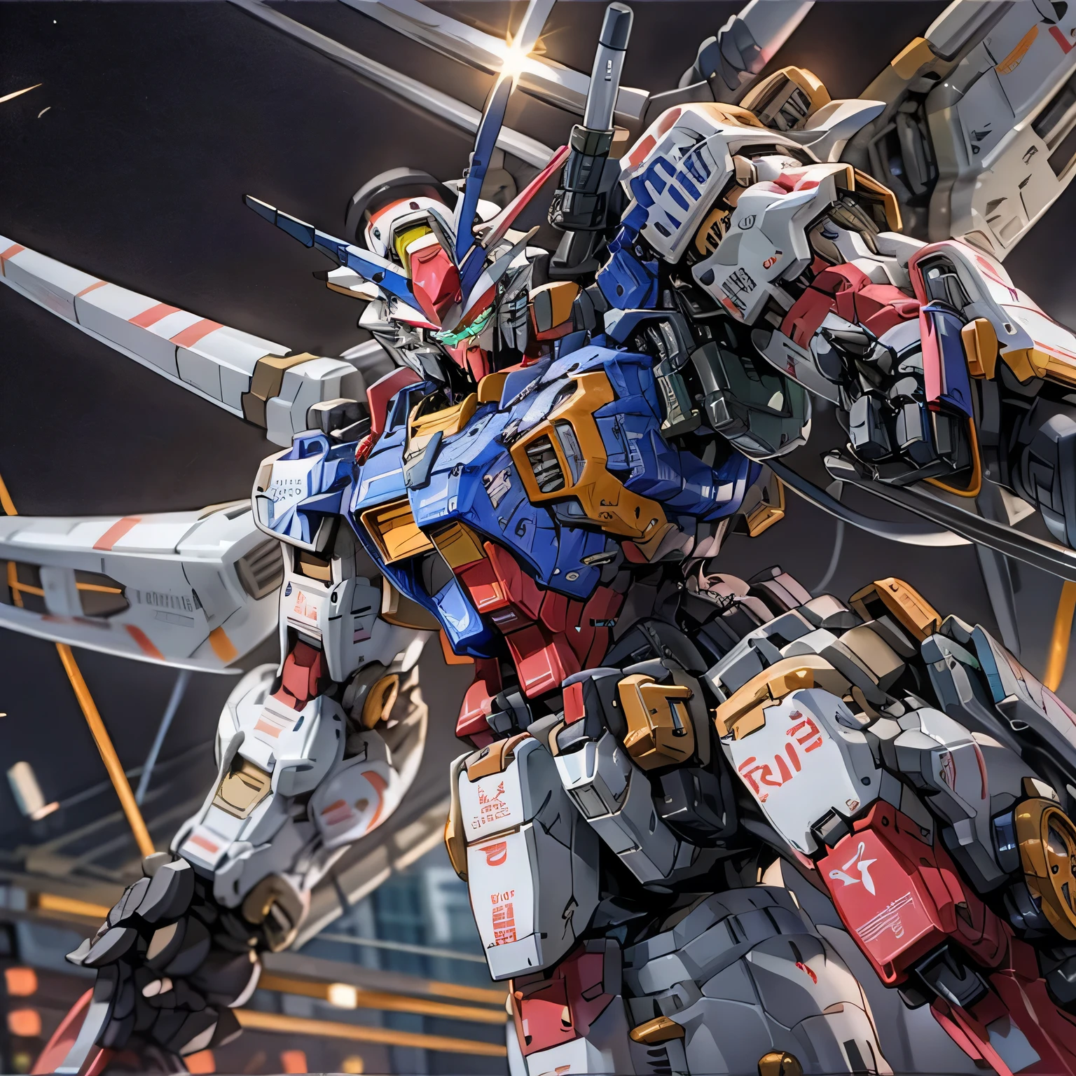 Bokeh, flying, concise, 8k wallpaper, robot, eyes glowing cross blue, mecha, Dapeng spreading its wings, holding double gun aiming at the target, black, in dark matters, rx-78 gundam, metallic armor texture, blight armor