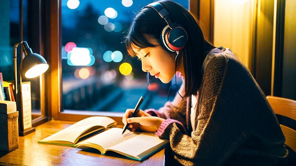 A cute Japanese girl studying alone at her desk、relax、night、Real、focusing、Gentle feeling、wearing headphones、Side view、LO-FI photos、窓の質はnightの街、2 a.m.、Straightening of the back、Looking down and writing notes、2 a.m.