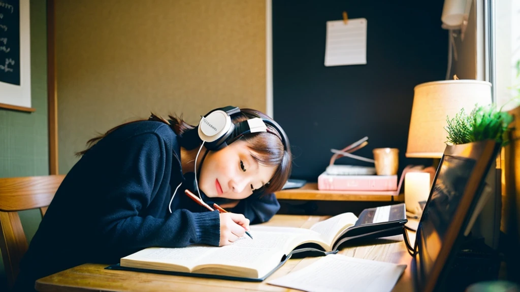 A cute Japanese girl studying alone at her desk、relax、night、Real、focusing、Gentle feeling、wearing headphones、Side view、LO-FI photos、窓の質はnightの街、2 a.m.、Straightening of the back、Looking down and writing notes、2 a.m.