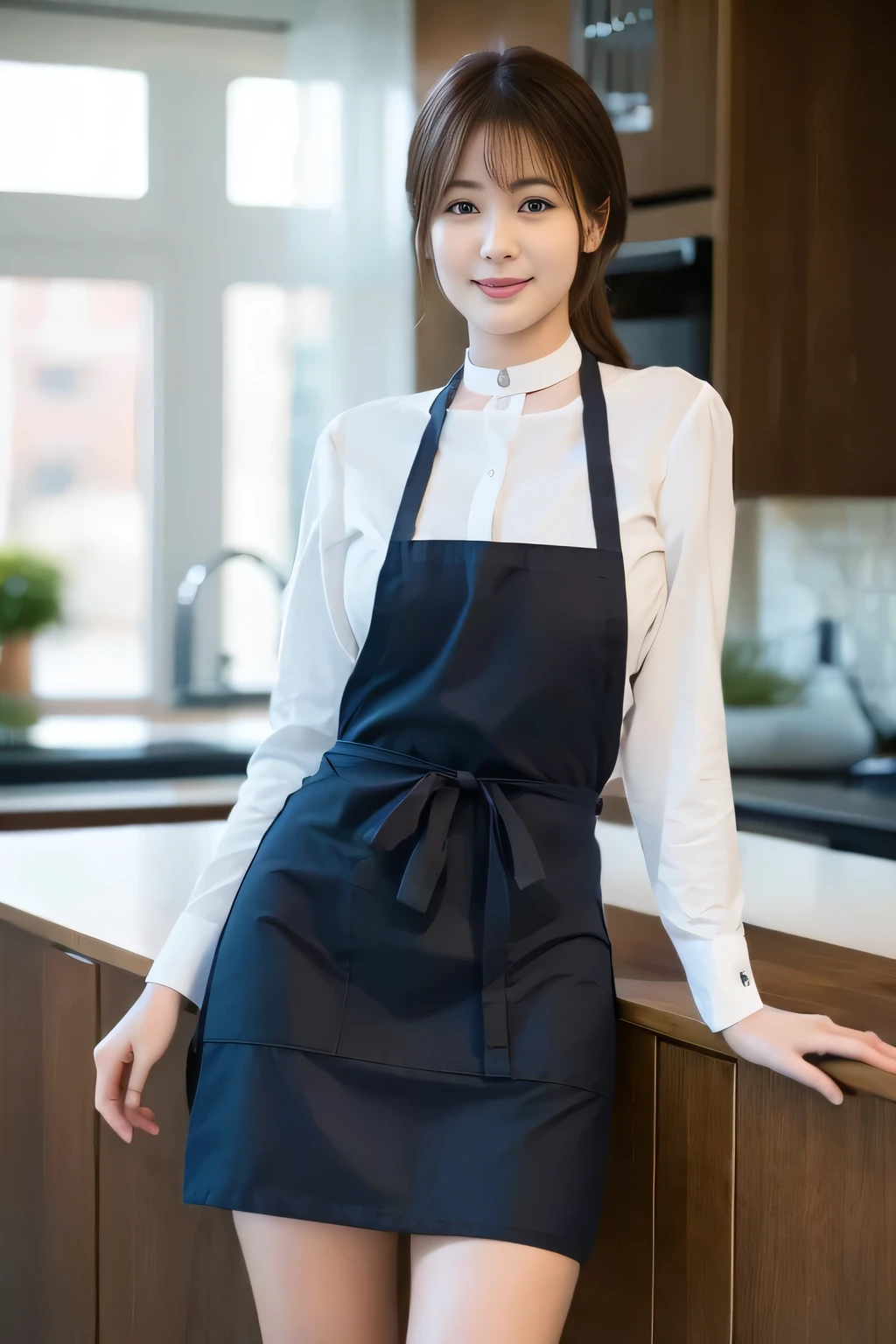 highest quality,masterpiece,Ultra-high resolution, (Realistic:1.4), girl, 18-year-old, (Firm breasts:1.2), (Slim face:1.2, Narrow waist, Thin legs), Charm, look at each other, Dynamic Shot, (Black Choker) , (bangs), Blue Eyes, smile, Big Breasts, ((Naked Apron, Work Apron))、very long eyelashes, ((Skyscraper district)), (Nipples:-1), No sleeve、Photographed from diagonally in front、slender face:1、Long face:1