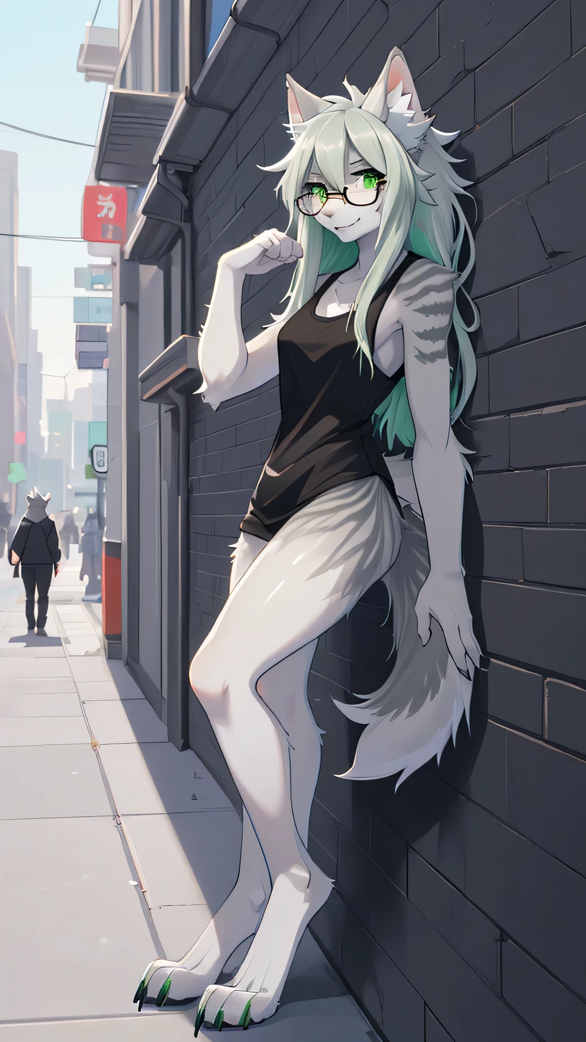 Solo:1.2, By claweddrip, by hyattlen, by fumiko, a cute female gray wolf, long hair, white green hair, green eyes, long white whiskers, cute gray tabby wolf ears, gray tabby wolf tail, tall, slender, absolute territory, green tank top, large round clear glasses, high quality, fluffy ear tips, looking_away:1.3, leaning on a wall, in a vibrant city street, smiling, wolf teeth, full body in frame