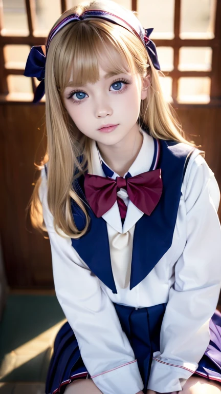 (muste piece, best quality:1.2), From above, 8K, official art, Raw photo, (sailor uniform, Wariza sitting down:1.4), slouch、blonde beautiful girl, Blonde hair above the eyes、arch back, pleated skirt, thighs, close up of breasts, , super long straight blonde silky hair、Big light blue eyes、beautiful eye highlights, Gardenia, Violacea, Ten generations, classroom, Looking at Viewer, No makeup, film grain, chromatic aberration, Tits sharp focus, face light, dynamic lighting, cinematic lighting, detailed face, bokeh background, (Dark red bow tie:1.3)、A peerless beautiful girl、small face beautiful girl、round face、rich bust、cheek highlights、white beautiful skin
