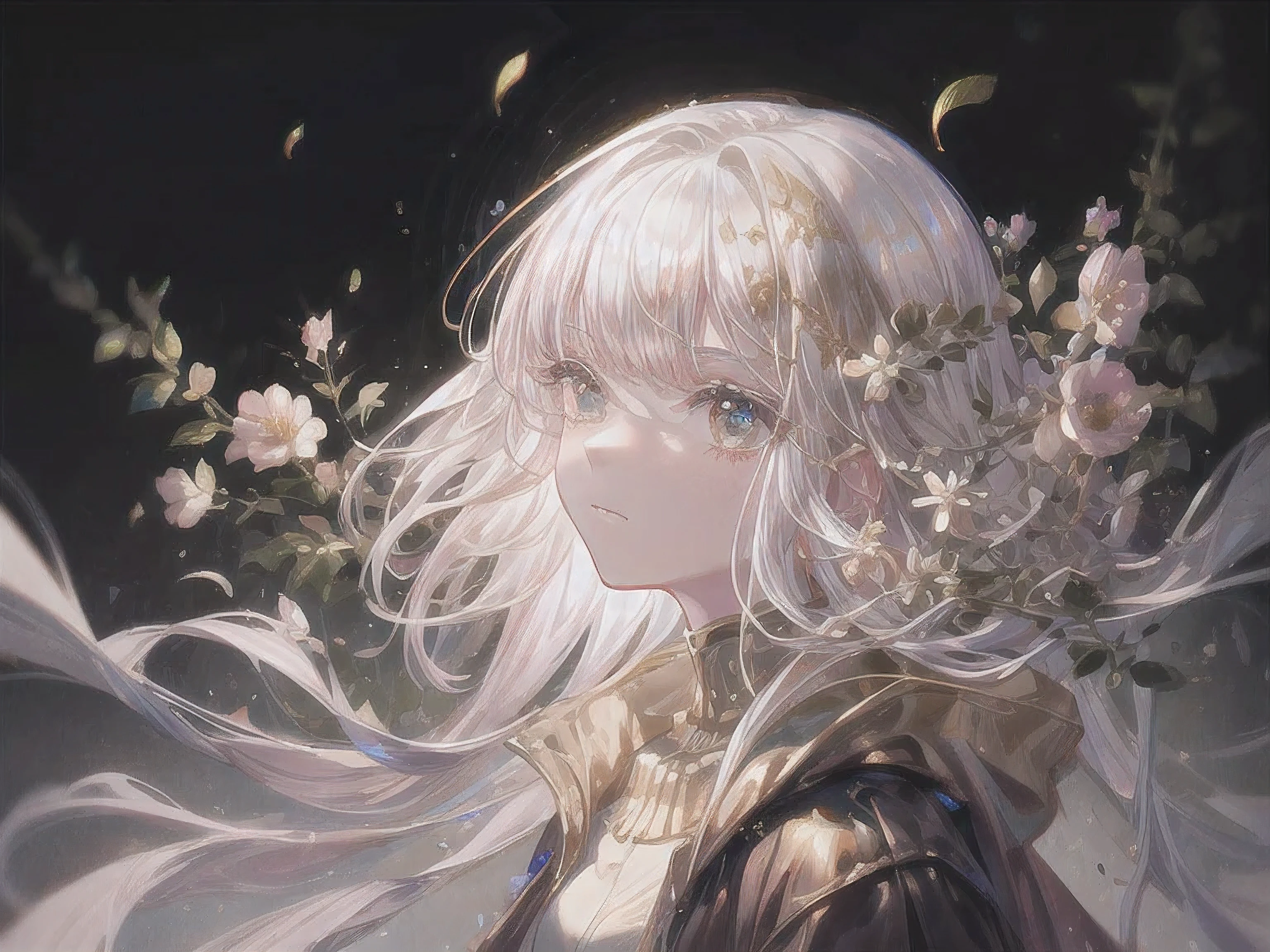 White hair,gold,leaf,flowers,brillant,Soft brushstrokes,Aesthetic,masterpiece